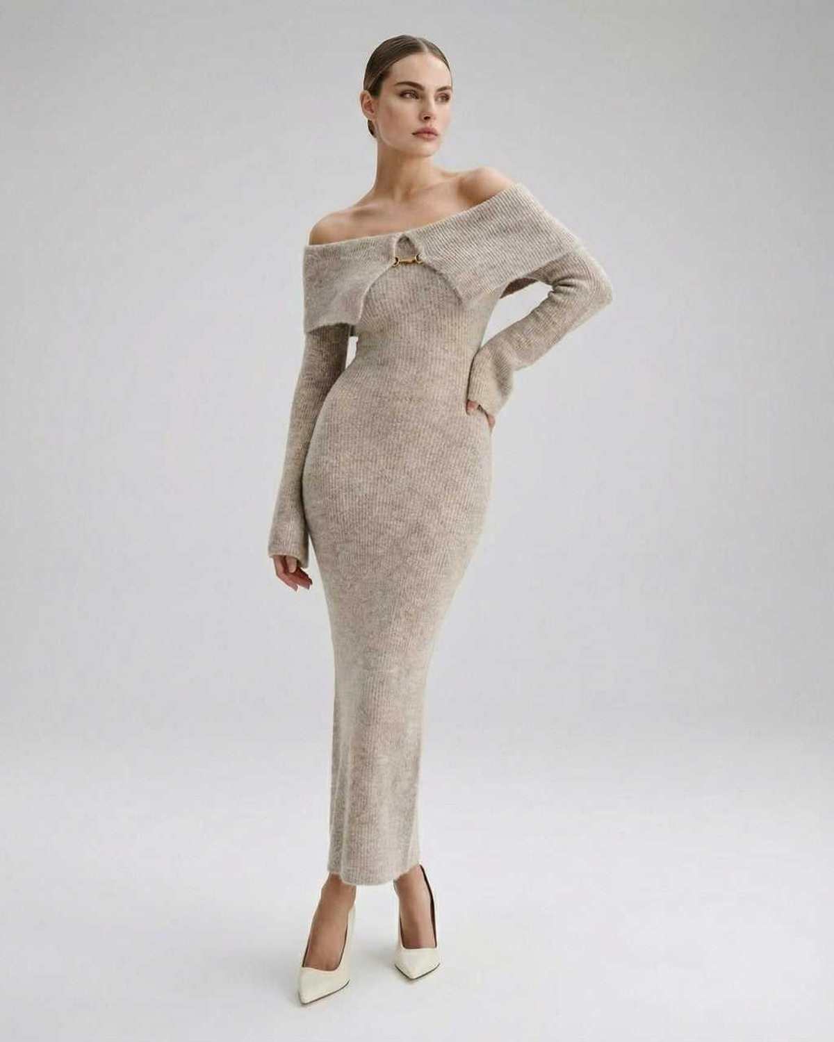 Beige Bodycon Round Neck Long Sleeve Midi Dress | Evening Events & Evening Parties, front view | Ramblion | SKU: SMD-48271-beige-L-9451-8430,SMD-48271-beige-M-6359-6950,SMD-48271-beige-S-3249-9390,SMD-48271-beige-XL-5142-6916,SMD-48271-beige-XS-1036-4667