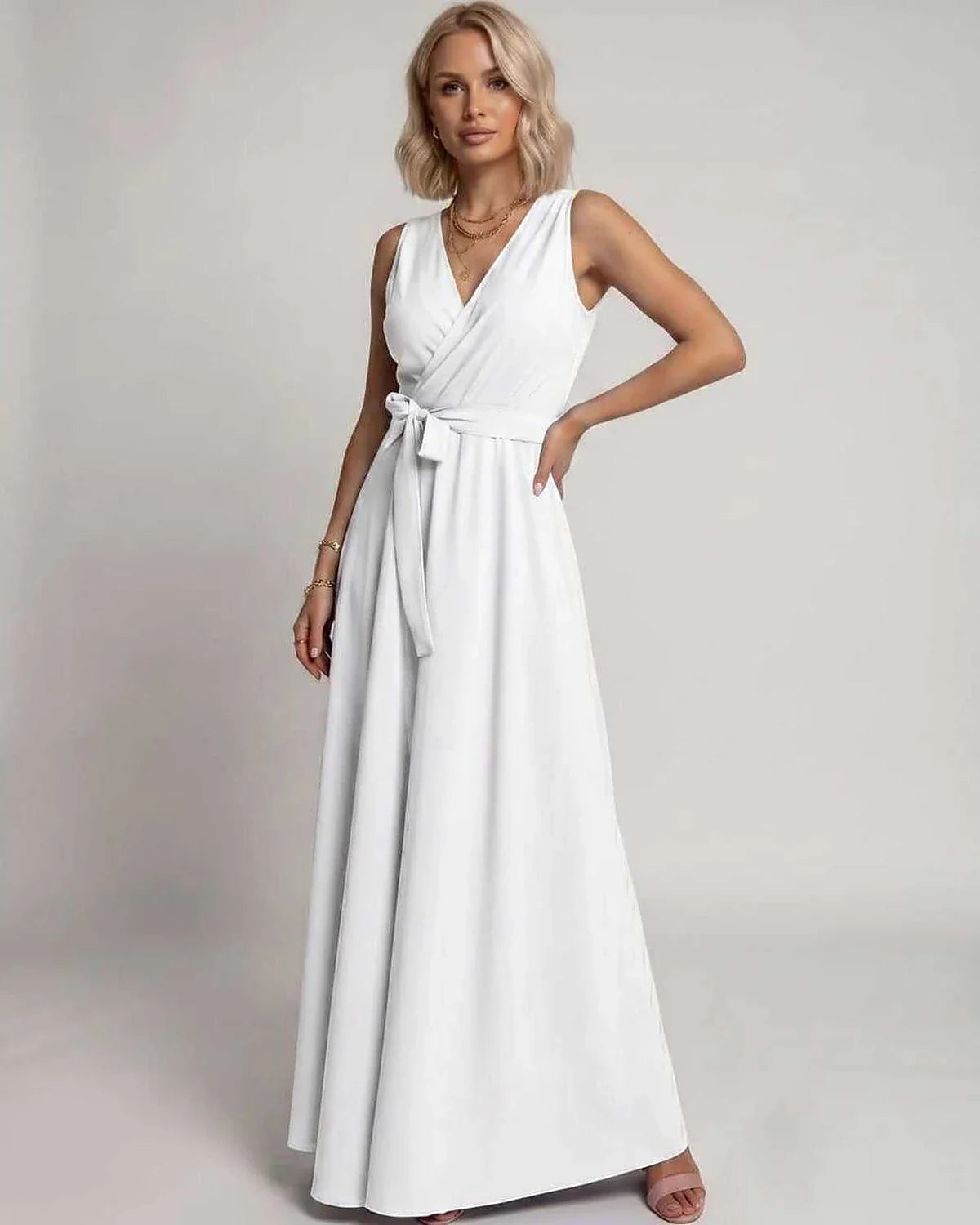 Navy,blue,red,green,burgundy,beige,pink,white Wrap Wrap Neck Sleeveless Maxi Dress | Gala Nights & Cocktail Hour, front view | SKU: RB-DF34B6-WHITE-L,RB-DF34B6-WHITE-M,RB-DF34B6-WHITE-S,RB-DF34B6-WHITE-XL,RB-DF34B6-WHITE-XS