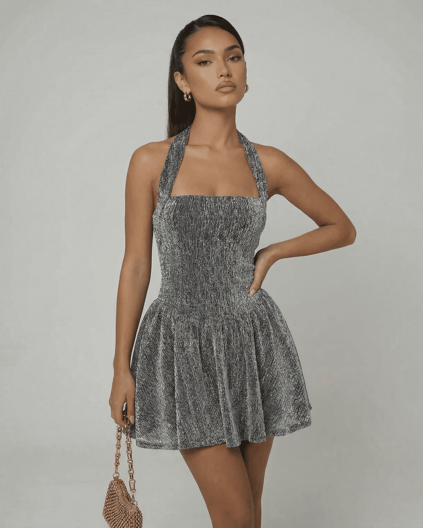 Silver Velvet A-line Halter Sleeveless Mini Dress | Evening Events, Evening Parties & Everyday Wear, front view | Ramblion | SKU: CMD-58241-silver-L-3144-4405,CMD-58241-silver-M-9103-133,CMD-58241-silver-S-5386-570,CMD-58241-silver-XL-1437-3416,CMD-58241-silver-XS-7490-2505