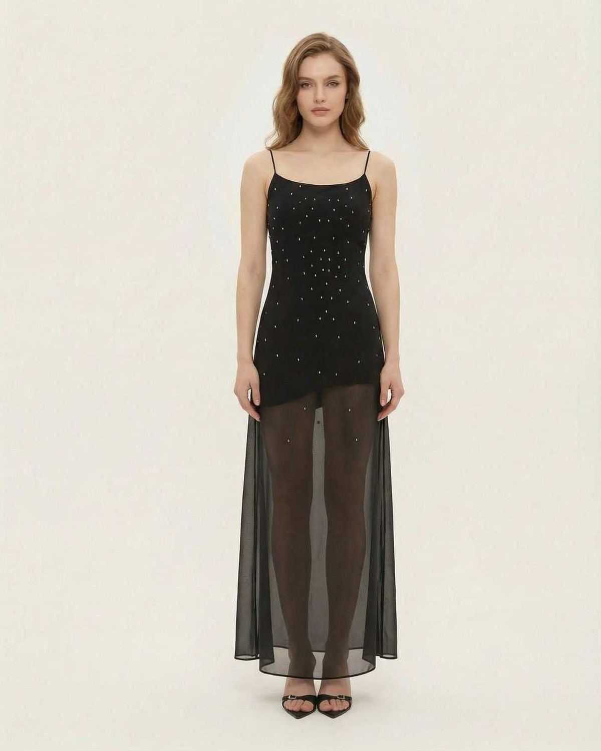 Black A-line Round Neck Sleeveless Maxi Dress | Formal Occasions, front view | Ramblion | SKU: NMD-58341-black-L-5696,NMD-58341-black-M-1996,NMD-58341-black-S-6487,NMD-58341-black-XL-1606,NMD-58341-black-XS-5160