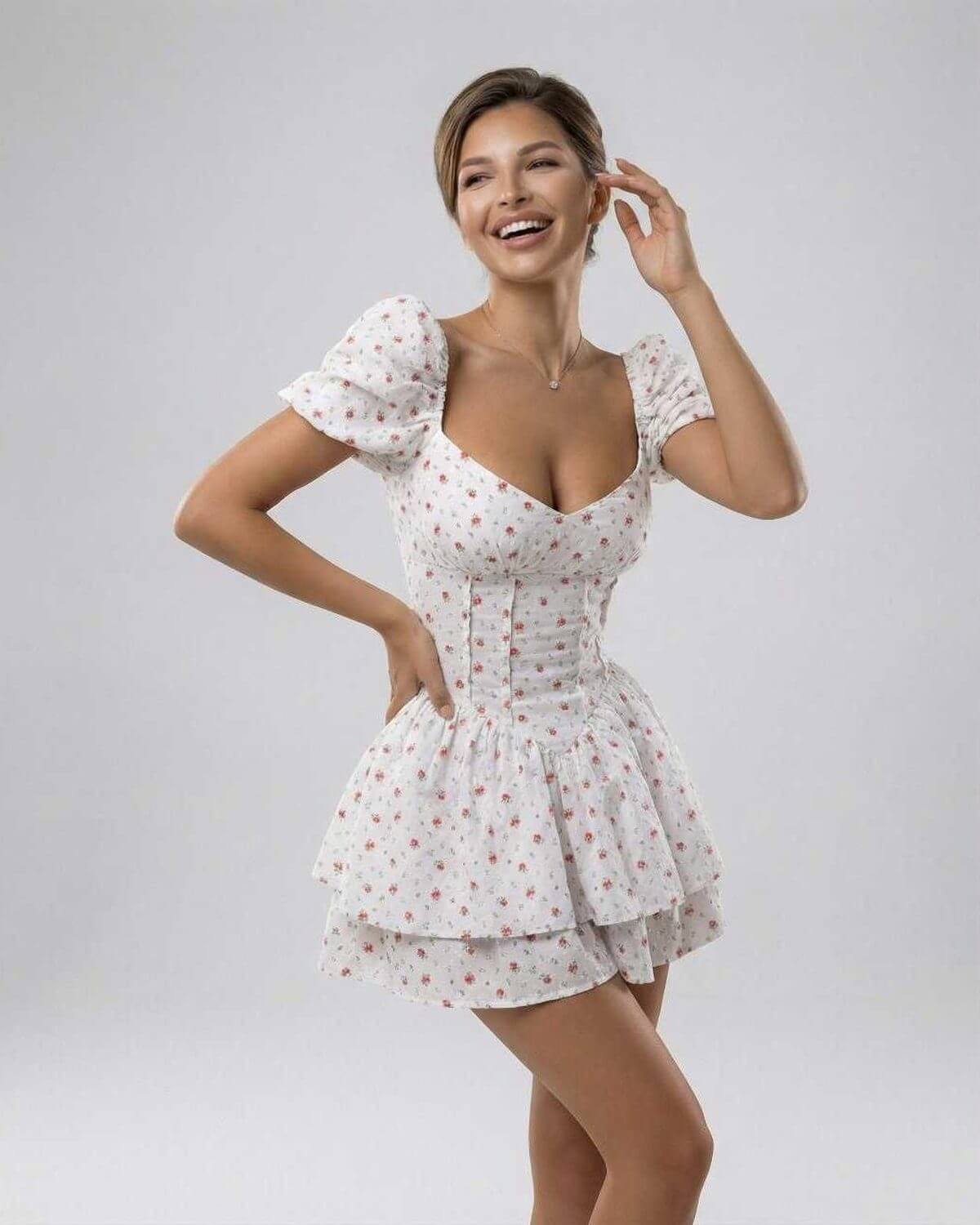 White Cotton A-line V-Neck Short Sleeve Mini Dress | Prom, Day-to-Night & Casual Outings, front view | Ramblion | SKU: FMD-48215-white-L-1809,FMD-48215-white-M-6117,FMD-48215-white-S-3564,FMD-48215-white-XL-3864,FMD-48215-white-XS-5271