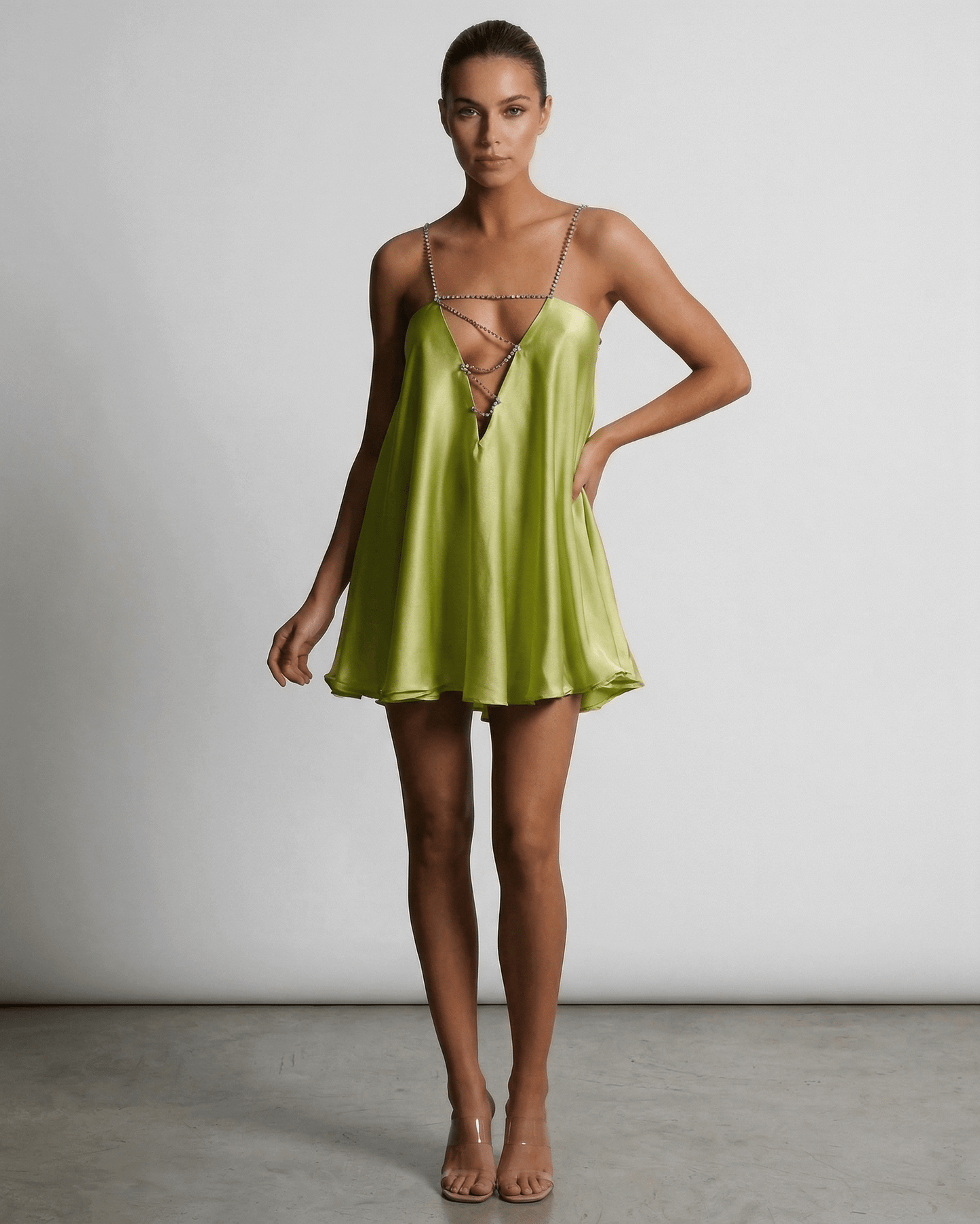 Green Satin A-line V-Neck Sleeveless Mini Dress | Prom, Party Nights, Everyday Wear & Brunch, front view | Ramblion | SKU: CMD-754382691-chartreuse-L-7086,CMD-754382691-chartreuse-M-1026,CMD-754382691-chartreuse-S-2470,CMD-754382691-chartreuse-XL-1151,CMD-754382691-chartreuse-XS-4670