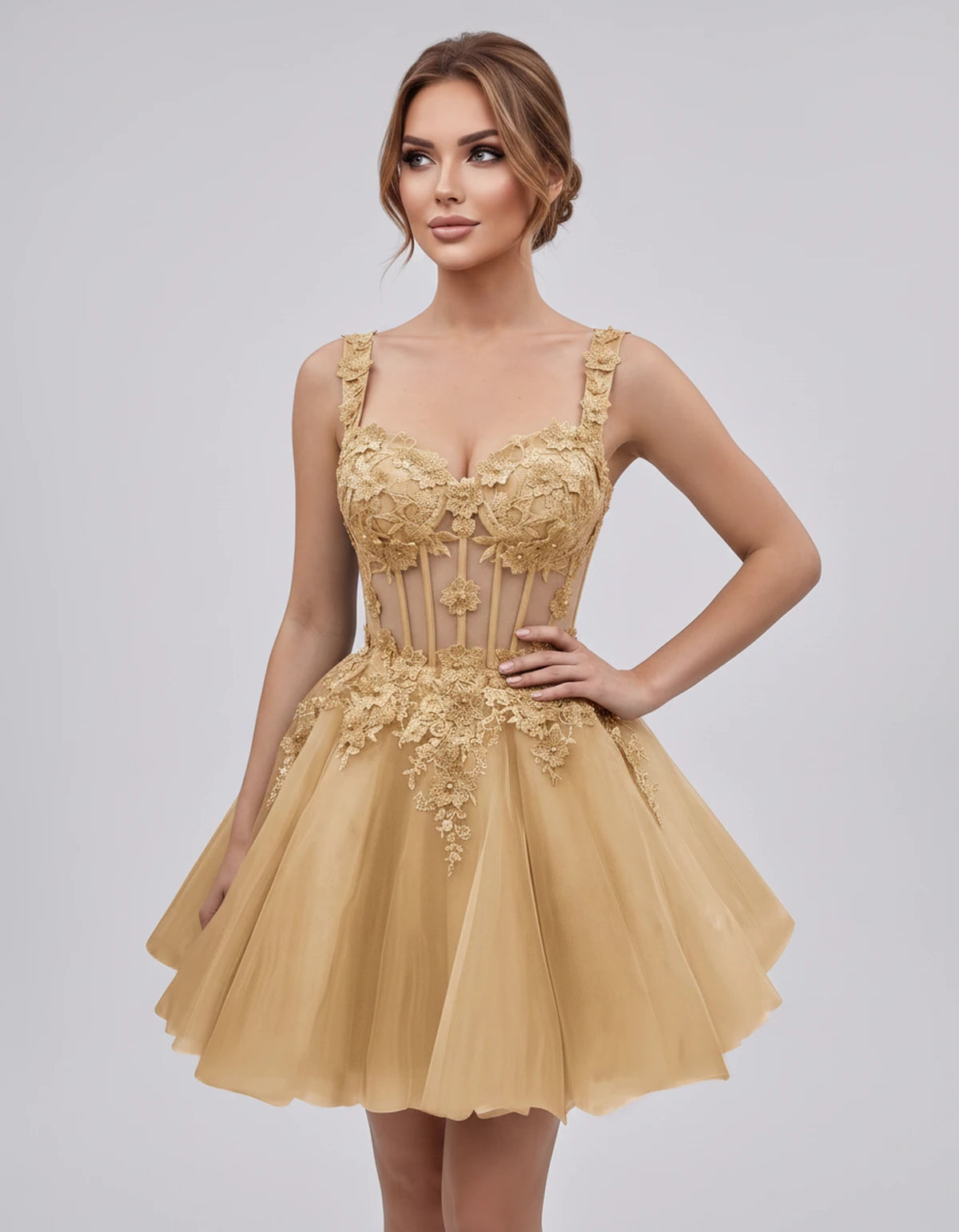 Oleander Mini Dresses — Champagne | SKU: RB-9776b0-champa2e-2,RB-9776b0-champa2e-4,RB-9776b0-champa2e-6,RB-9776b0-champa2e-8,RB-9776b0-champa2e-10,RB-9776b0-champa2e-12,RB-9776b0-champa2e-14,RB-9776b0-champa2e-14W,RB-9776b0-champa2e-16,RB-9776b0-champa2e-16W,RB-9776b0-champa2e-18W,RB-9776b0-champa2e-20W