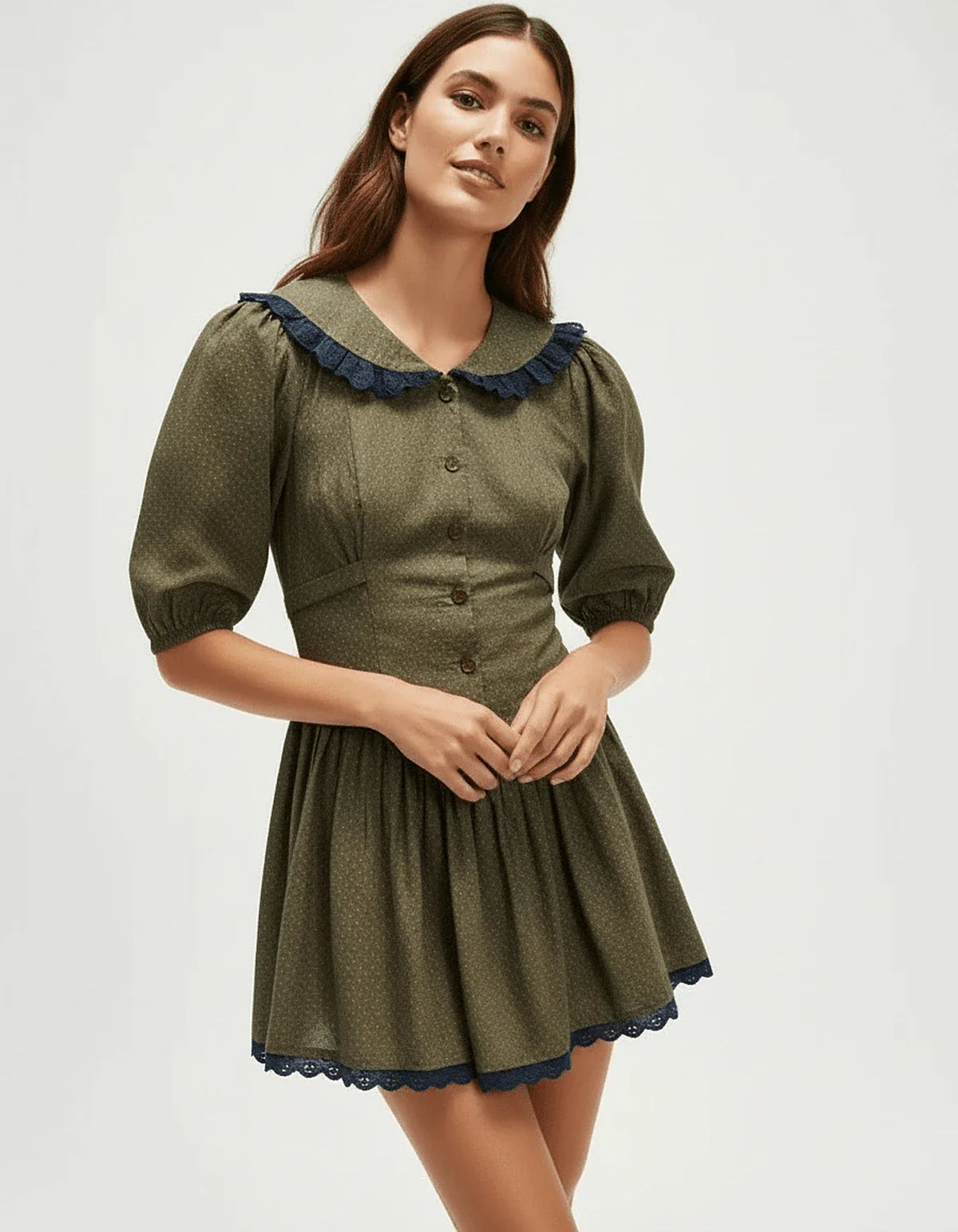 Olive A-line Round Neck Short Sleeve Mini Dress | Wedding Season, front view | Ramblion | SKU: AML-307158492-olive-L-728,AML-307158492-olive-M-1484,AML-307158492-olive-S-3609,AML-307158492-olive-XL-5824,AML-307158492-olive-XS-2260