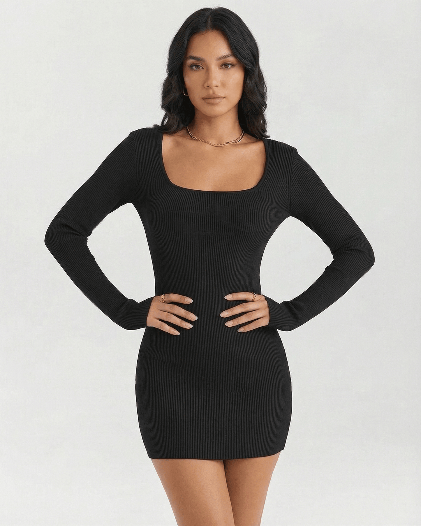 Black Cotton Gown Square Neck Long Sleeve Mini Dress | Weddings, front view | Ramblion | SKU: CMD-58291-black-L-3180-3468,CMD-58291-black-M-9255-6470,CMD-58291-black-S-1405-4062,CMD-58291-black-XL-7924-9387,CMD-58291-black-XS-6040-7055