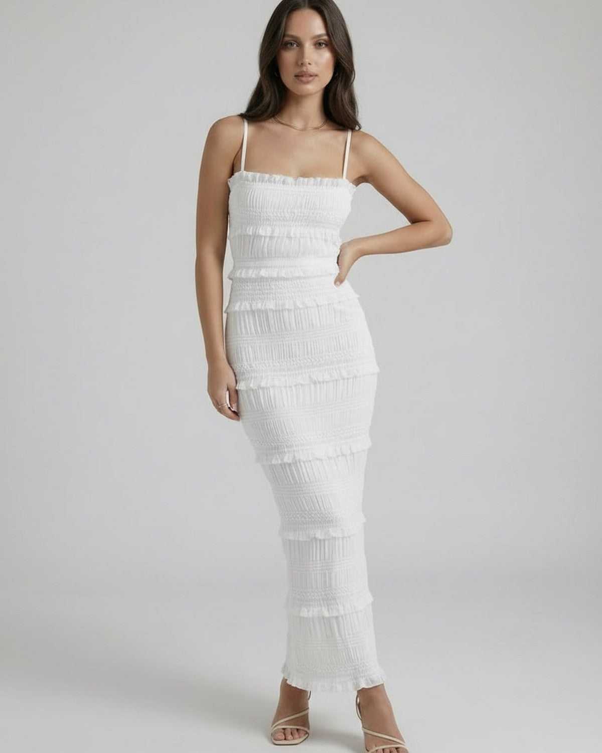White Satin Bodycon Square Neck Sleeveless Maxi Dress | Formal Events, Cocktail Parties & Day-to-Night, front view | Ramblion | SKU: LMD-854217639-white-L-6145,LMD-854217639-white-M-9555,LMD-854217639-white-S-2426,LMD-854217639-white-XL-5005,LMD-854217639-white-XS-852