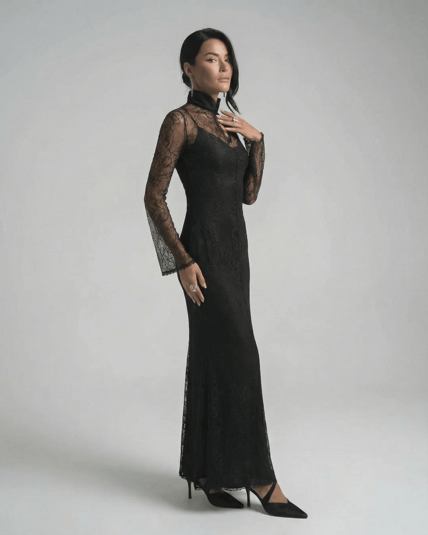 Black Cotton Bodycon Round Neck Long Sleeve Maxi Dress | Formal Occasions, side view | Ramblion | SKU: NMD-51873-black-L-4057,NMD-51873-black-M-823,NMD-51873-black-S-2641,NMD-51873-black-XL-845,NMD-51873-black-XS-4290