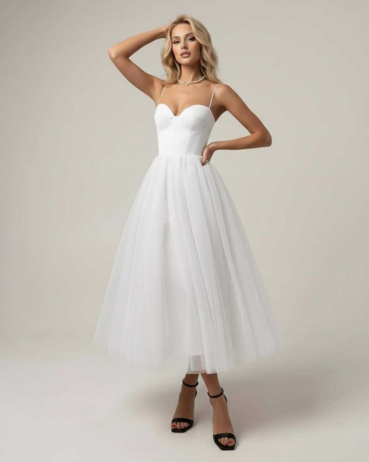 White Tulle Bodycon Sweetheart Sleeveless Midi Dress | Formal Events, Celebrations, Wedding Season & Day-to-Night, front view | SKU: AMD-593847261-white-L-8388,AMD-593847261-white-M-4823,AMD-593847261-white-S-2594,AMD-593847261-white-XL-9387,AMD-593847261-white-XS-4250