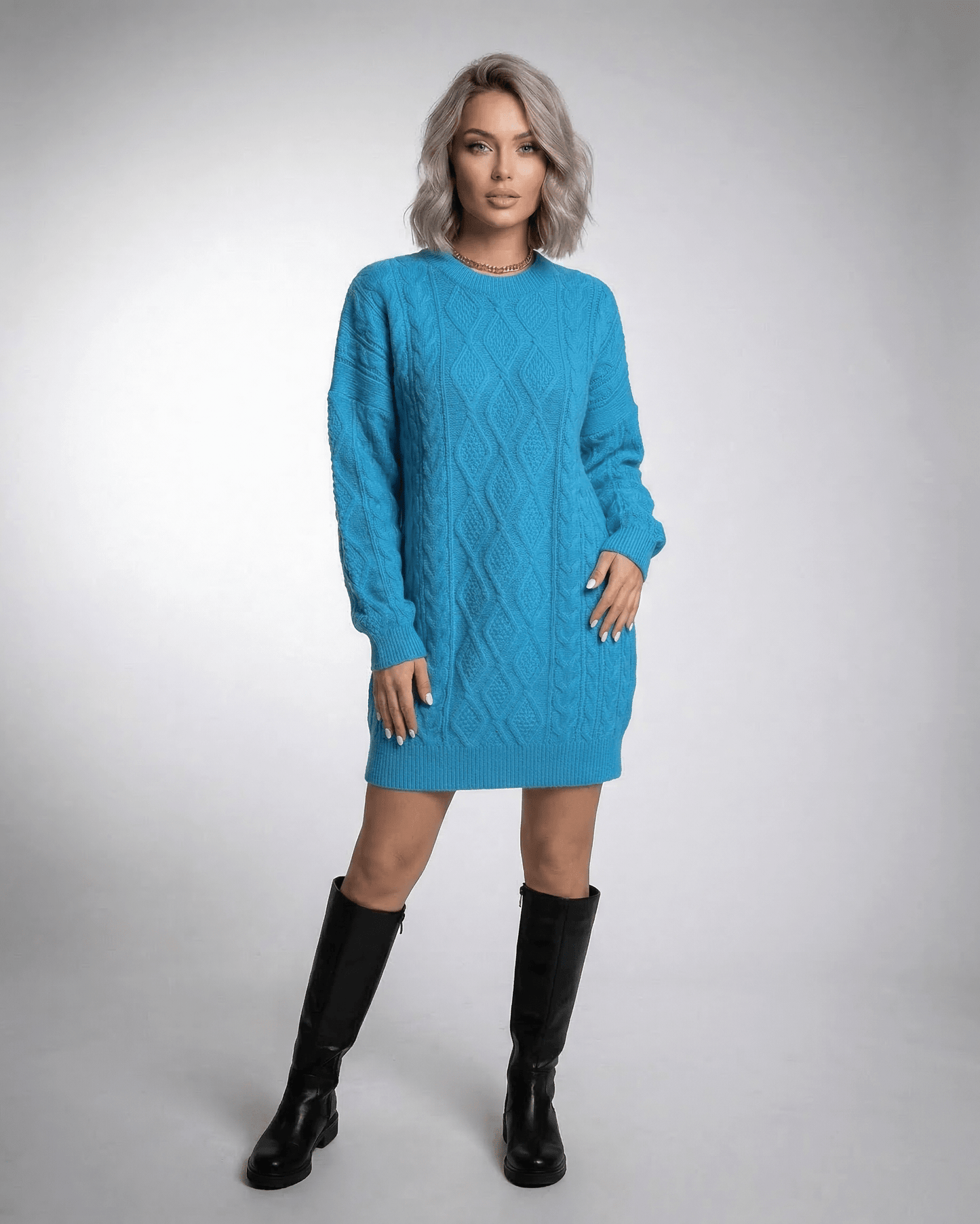 Blue Satin Bodycon Round Neck Long Sleeve Mini Dress | Evening Parties & Wedding Season, front view | Ramblion | SKU: AMD-391827465-blue-L-9235,AMD-391827465-blue-M-6387,AMD-391827465-blue-S-8165,AMD-391827465-blue-XL-7147,AMD-391827465-blue-XS-6414