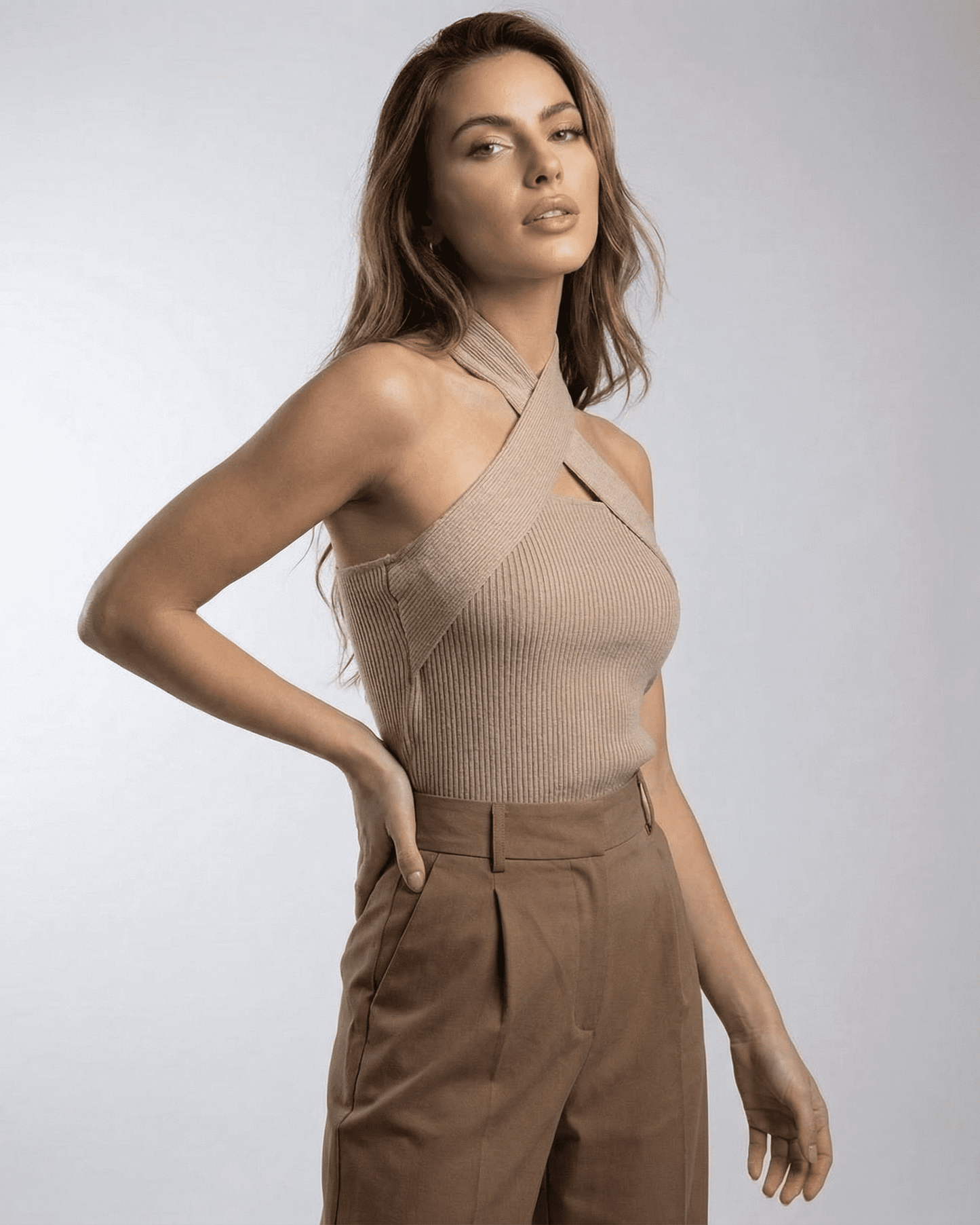 Fima Top in beige with halter neckline, ribbed texture, stylish for casual or elevated occasions by RAMBLION.