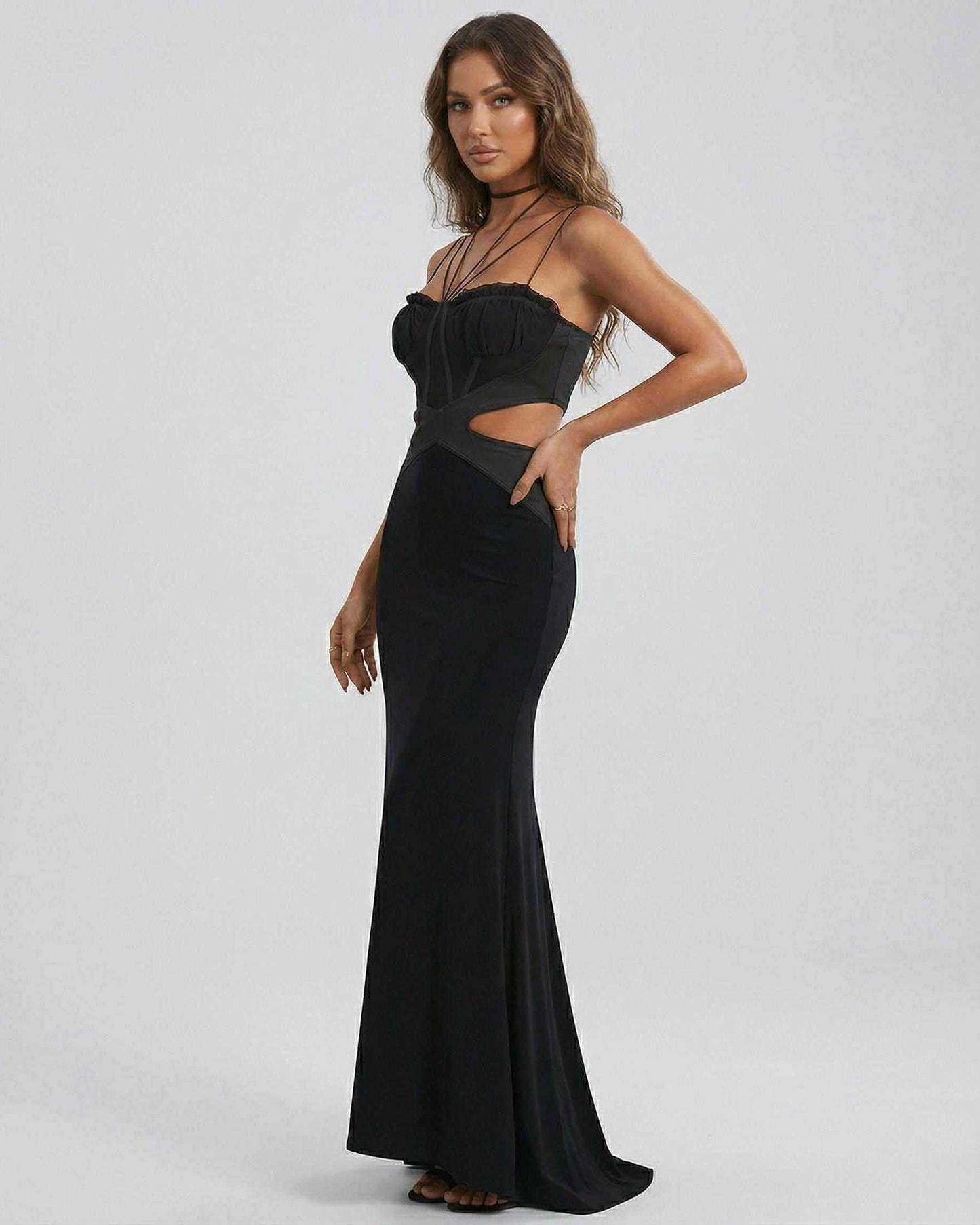 Black Cotton Bodycon Strapless Maxi Dress | Wedding Season, side view | Ramblion | SKU: EMD-94726-black-L-1575,EMD-94726-black-M-1248,EMD-94726-black-S-8727,EMD-94726-black-XL-6618,EMD-94726-black-XS-3016