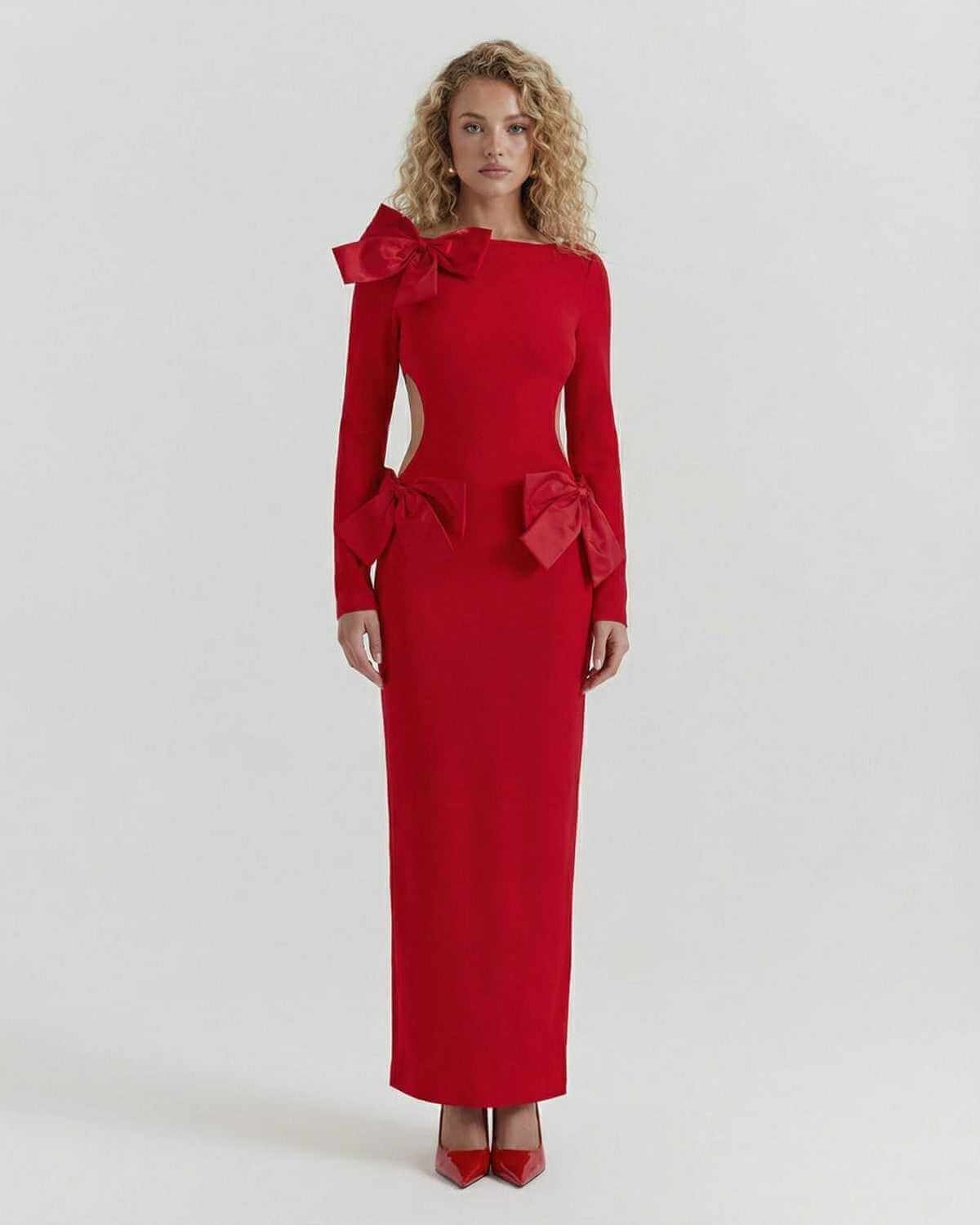 Red Bodycon Round Neck Long Sleeve Maxi Dress | Formal Events & Party Nights, front view | Ramblion | SKU: CMD-58147-red-L-4568,CMD-58147-red-M-8927,CMD-58147-red-S-6088,CMD-58147-red-XL-1513,CMD-58147-red-XS-2296