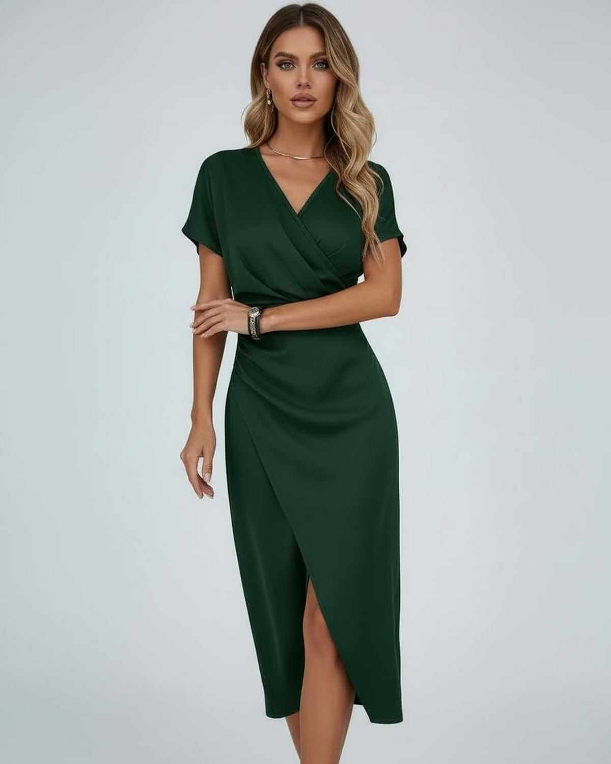 Green Satin Wrap V-Neck Short Sleeve Midi Dress | Weddings, front view | Ramblion | SKU: VMD-894237561-green-L-8567,VMD-894237561-green-M-8740,VMD-894237561-green-S-8547,VMD-894237561-green-XL-4469,VMD-894237561-green-XS-7922