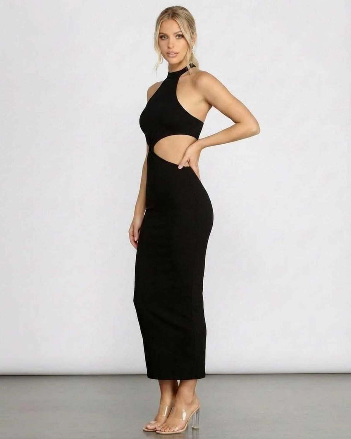 Black Bodycon Halter Sleeveless Midi Dress | Wedding Guest, side view | Ramblion | SKU: SMD-48271-black-L-9143,SMD-48271-black-M-4595,SMD-48271-black-S-426,SMD-48271-black-XL-2086,SMD-48271-black-XS-1970