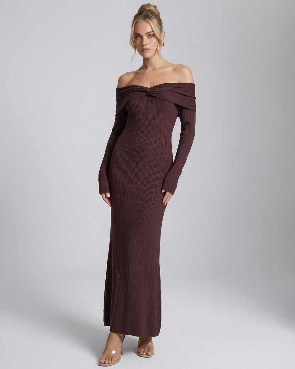Brown Gown Round Neck Long Sleeve Maxi Dress | Formal Events & Bridal Showers, front view | Ramblion | SKU: SMD-48271-brown-L-6401,SMD-48271-brown-M-6319,SMD-48271-brown-S-1909,SMD-48271-brown-XL-2454,SMD-48271-brown-XS-8655