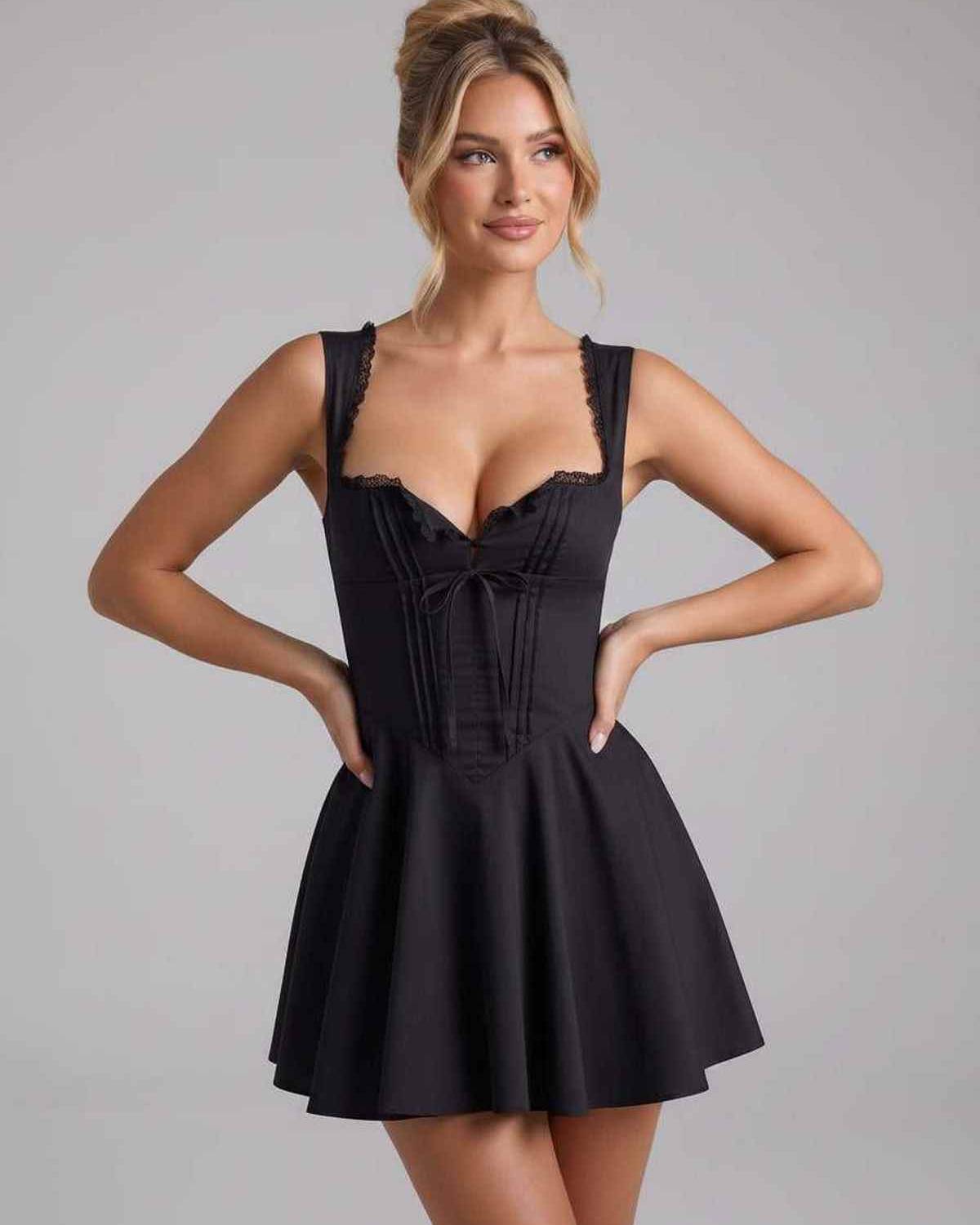 Yellow,white,light Blue,black Cotton Flared Square Neck Sleeveless Mini Dress | Prom & Celebrations, front view | Ramblion | SKU: RB-F74B21-BLACK-L,RB-F74B21-BLACK-M,RB-F74B21-BLACK-S,RB-F74B21-BLACK-XL,RB-F74B21-BLACK-XS