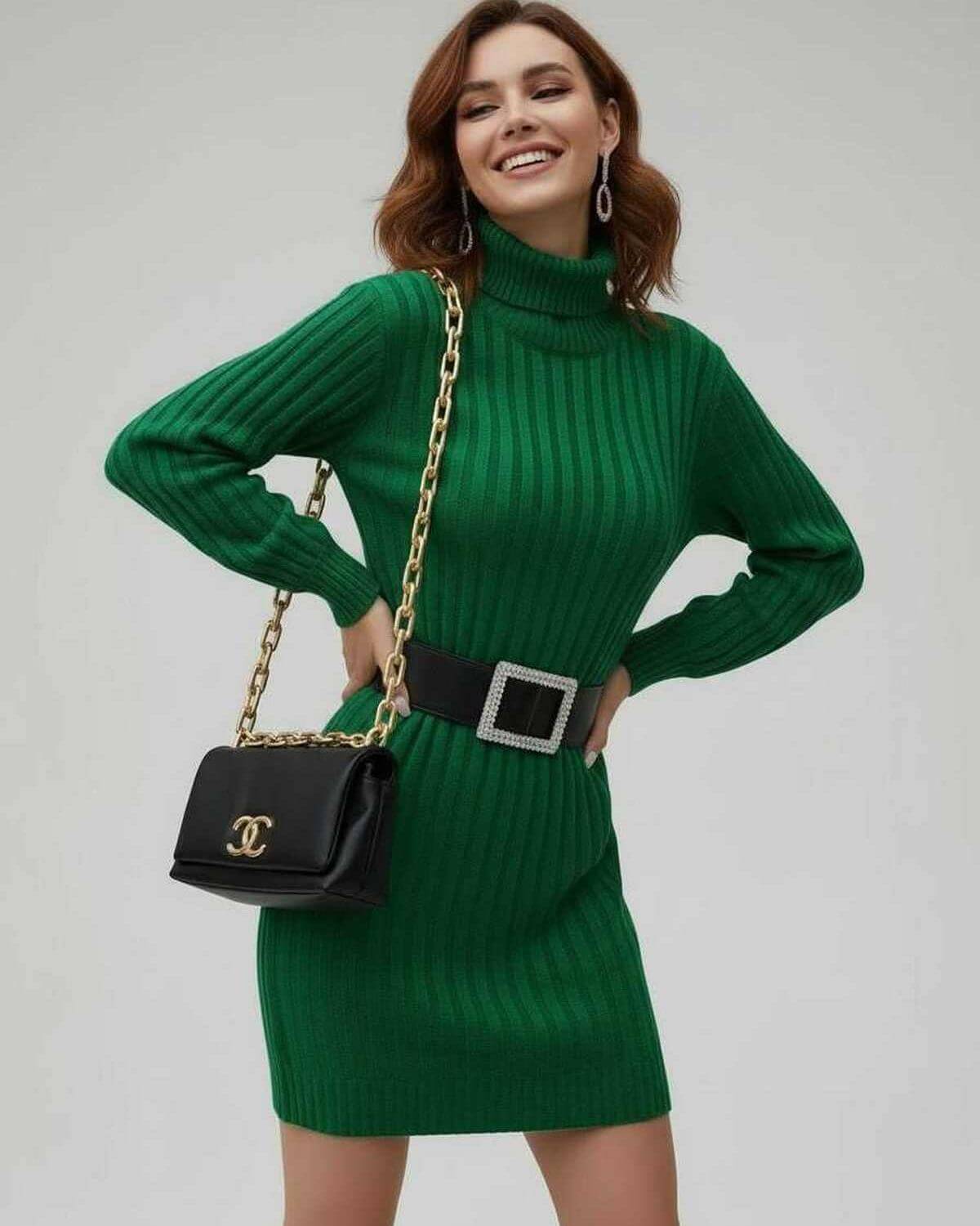 Green Bodycon Turtle Neck Long Sleeve Mini Dress | Formal Occasions, Cocktail Hour & Casual Wear, front view | Ramblion | SKU: VMD-572839104-green-L-9484,VMD-572839104-green-M-548,VMD-572839104-green-S-3992,VMD-572839104-green-XL-6651,VMD-572839104-green-XS-321