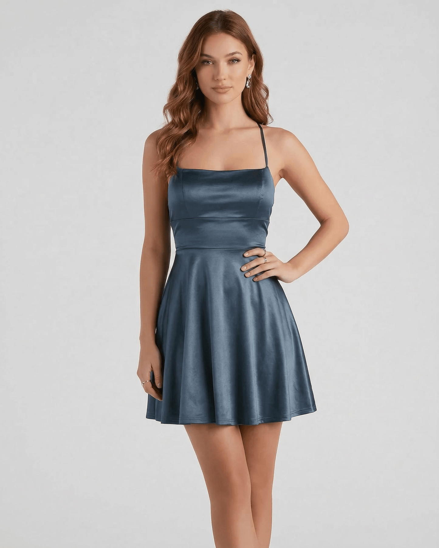 Blue Satin Bodycon Square Neck Sleeveless Mini Dress | Evening Events & Celebrations, front view | Ramblion | SKU: SSM-846275193-steel-L-6135,SSM-846275193-steel-M-6095,SSM-846275193-steel-S-5024,SSM-846275193-steel-XL-1270,SSM-846275193-steel-XS-3656