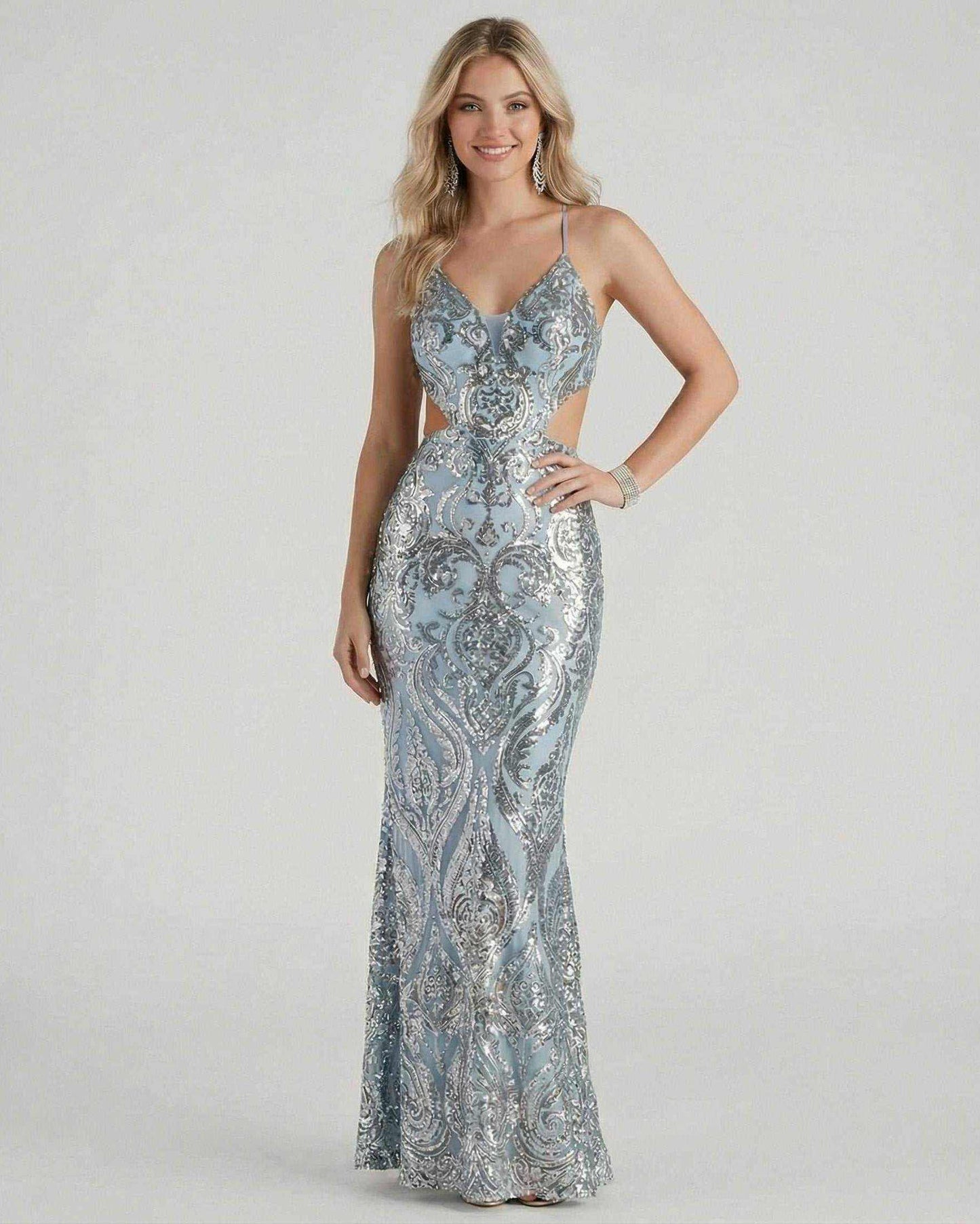 Blue Mermaid V-Neck Sleeveless Maxi Dress | Formal Events & Evening Parties, front view | Ramblion | SKU: CMD-58239-blue-L-2633,CMD-58239-blue-M-2551,CMD-58239-blue-S-3753,CMD-58239-blue-XL-7599,CMD-58239-blue-XS-8461