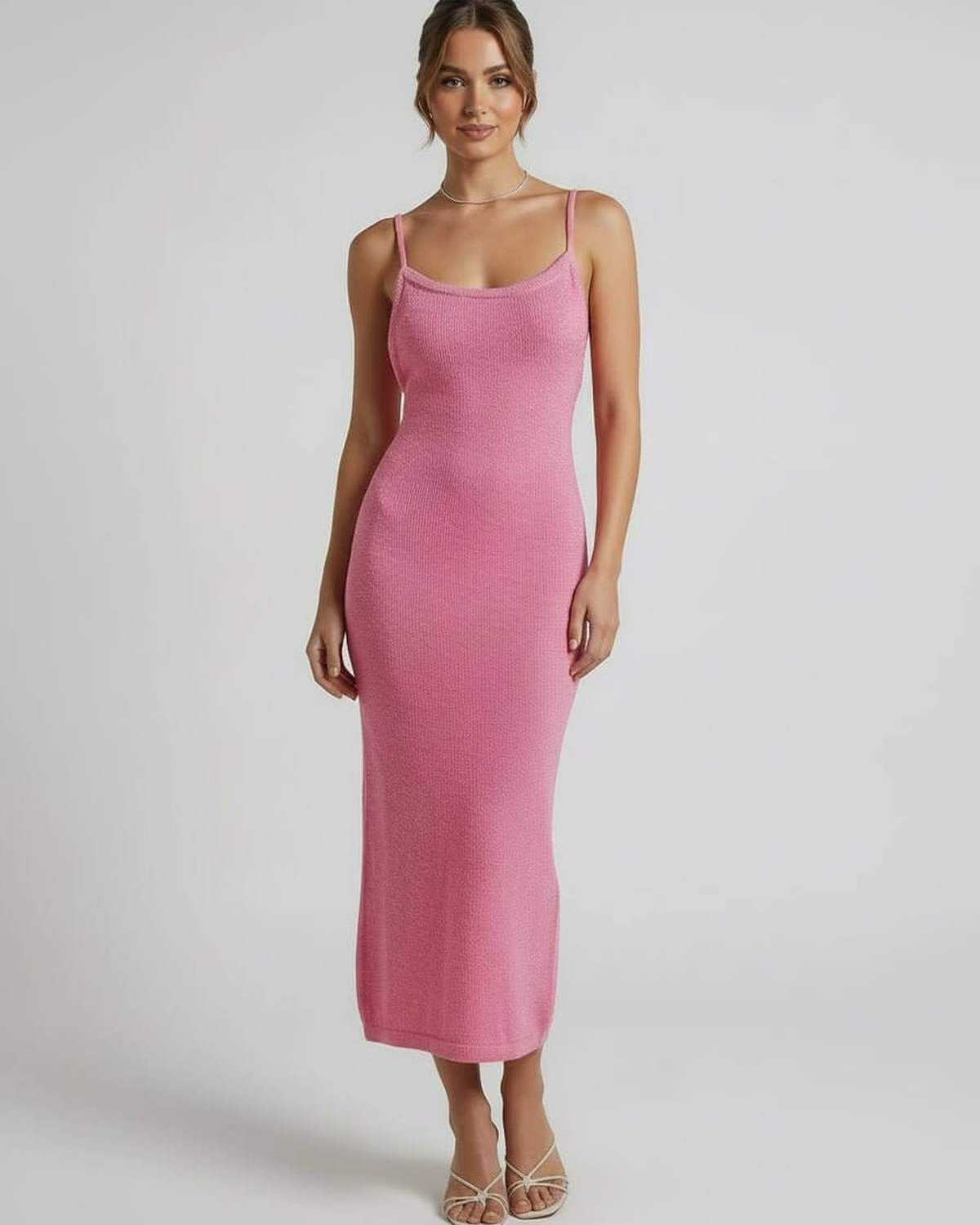 Pink Cotton Slip Round Neck Sleeveless Midi Dress | Gala Nights, Evening Parties, Weddings & Day-to-Night, front view | Rambl | SKU: RMD-573918264-pink-L-2034,RMD-573918264-pink-M-2827,RMD-573918264-pink-S-4667,RMD-573918264-pink-XL-7174,RMD-573918264-pink-XS-9043