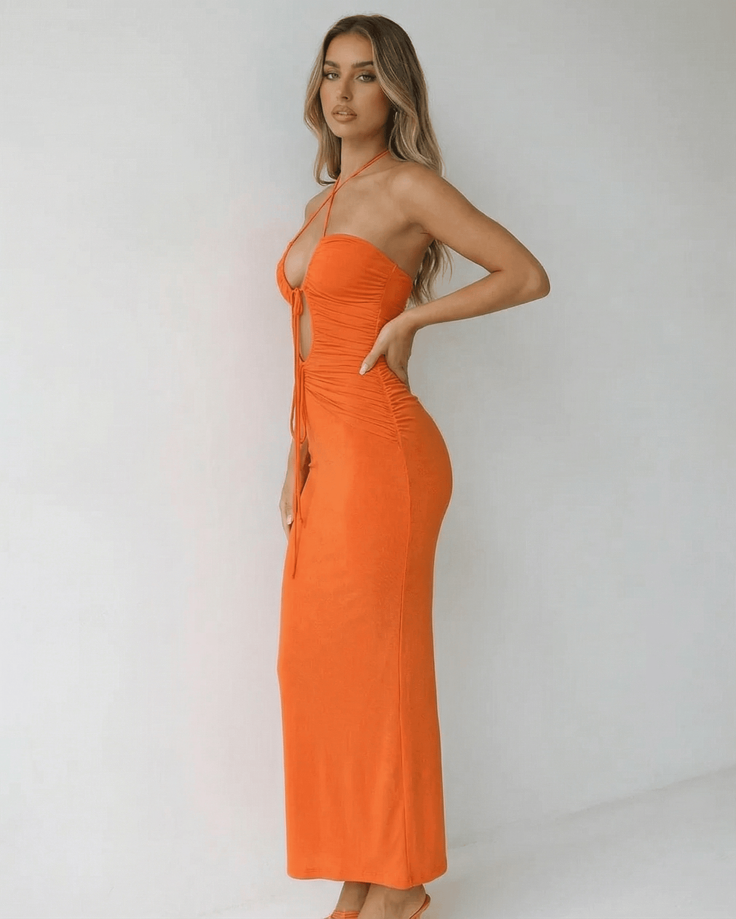 Orange Cotton Gown Halter Sleeveless Maxi Dress | Formal Occasions, Daily Wear & Brunch, side view | Ramblion | SKU: SMD-48392-orange-L-3150,SMD-48392-orange-M-1240,SMD-48392-orange-S-6062,SMD-48392-orange-XL-1217,SMD-48392-orange-XS-5657