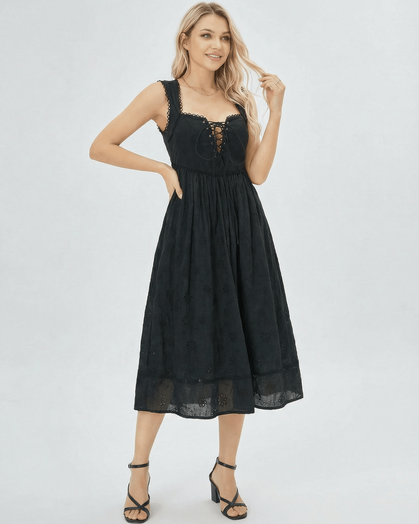 Black Cotton Gown Square Neck Sleeveless Midi Dress | Formal Occasions & Party Nights, front view | Ramblion | SKU: SMD-48392-black-L-3548,SMD-48392-black-M-3565,SMD-48392-black-S-3491,SMD-48392-black-XL-2558,SMD-48392-black-XS-682