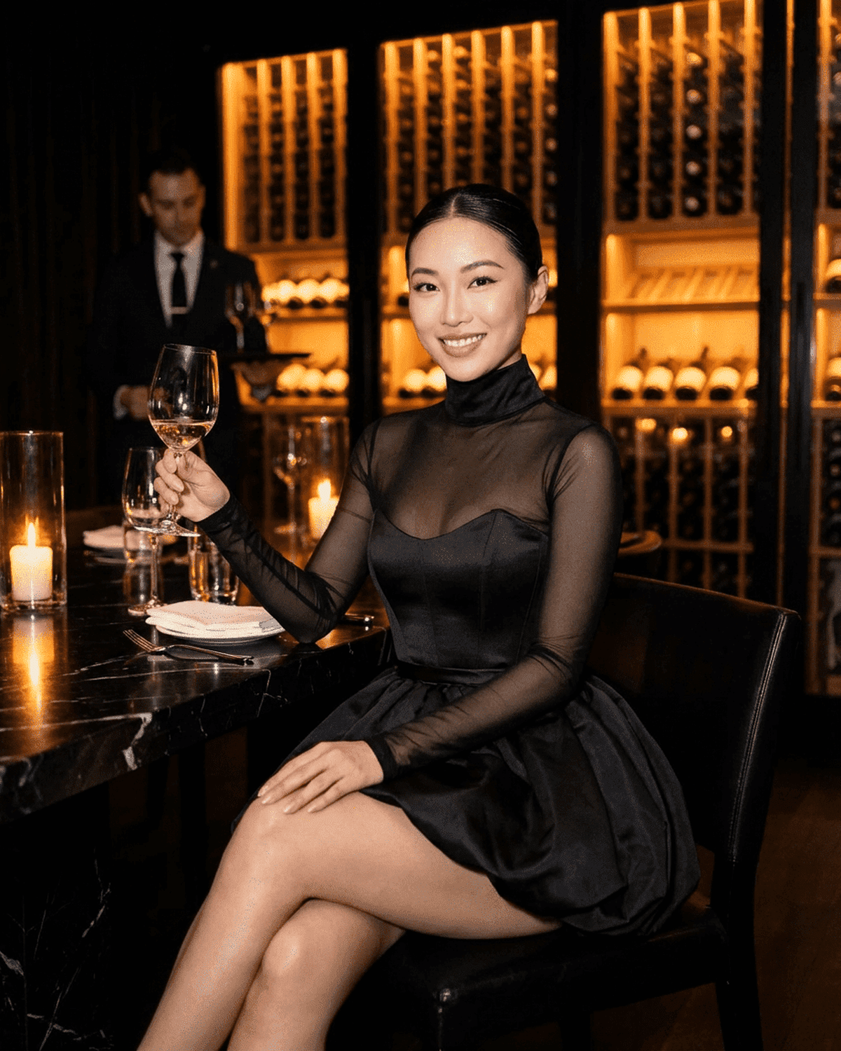 Black Bodycon Mock Neck Sleeveless Mini Dress | Gala Nights & Celebrations, lifestyle shot | Ramblion | SKU: SEL-31026-black-L-3867,SEL-31026-black-M-8191,SEL-31026-black-S-4842,SEL-31026-black-XL-1415,SEL-31026-black-XS-3242