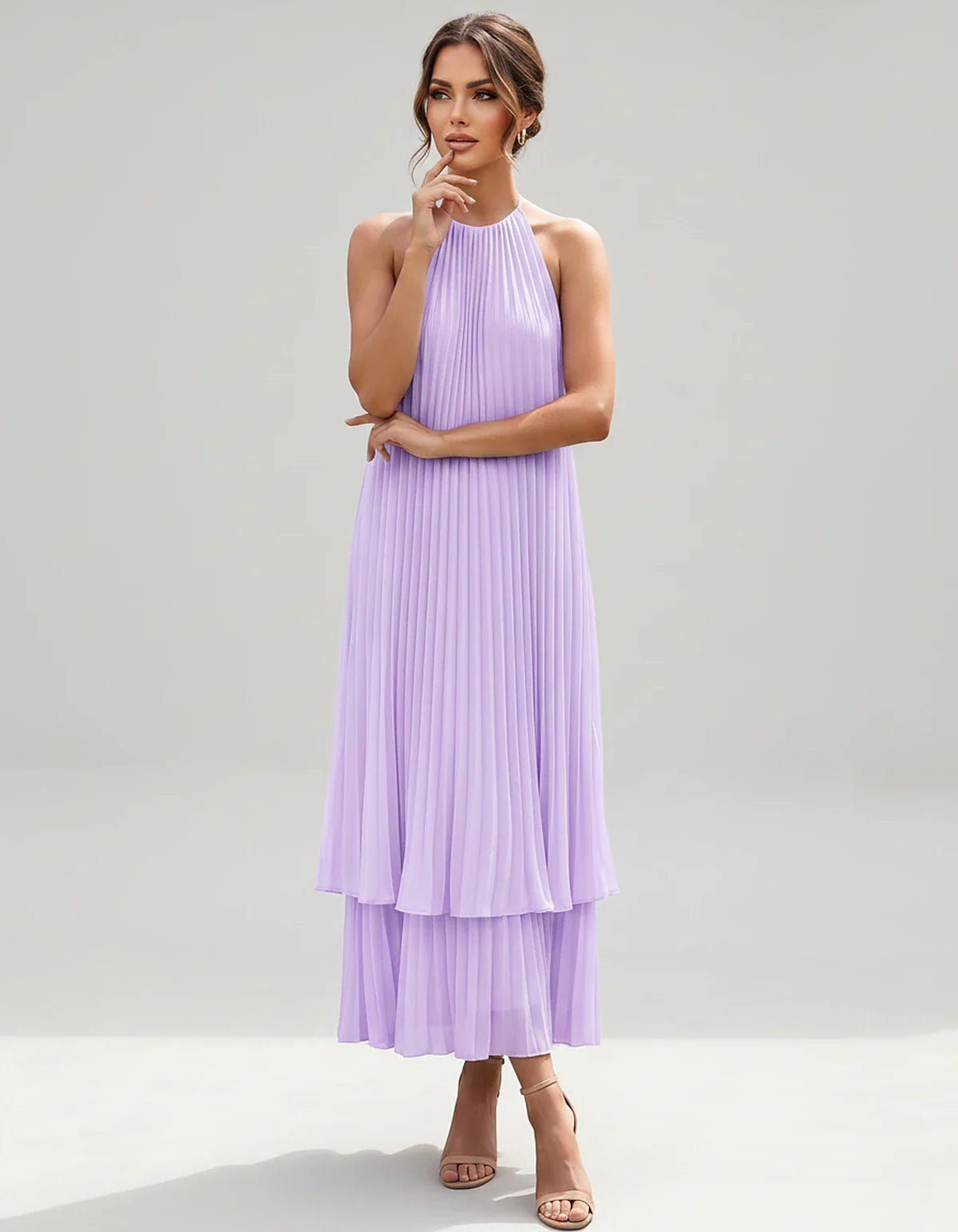 Pleated Chiffon Sleeveless Halter Neck A-Line Midi Dress for Party, Cocktail, Evening, Wedding Guest & Summer Events, front v | SKU: SMD-582746193857421-LILAC-L,SMD-582746193857421-LILAC-M,SMD-582746193857421-LILAC-S,SMD-582746193857421-LILAC-XL,SMD-582746193857421-LILAC-XS