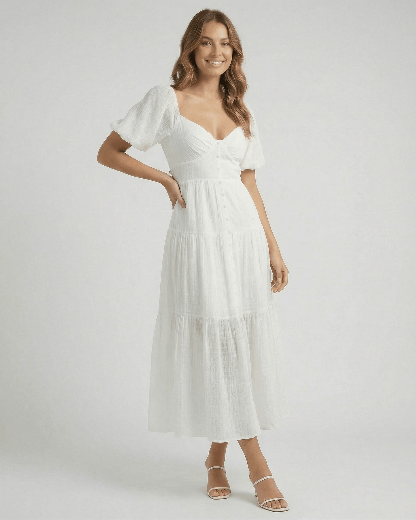 White Cotton A-line V-Neck Short Sleeve Midi Dress | Weddings, front view | Ramblion | SKU: EMD-582912-white-L-9883,EMD-582912-white-M-8212,EMD-582912-white-S-4251,EMD-582912-white-XL-7846,EMD-582912-white-XS-7902