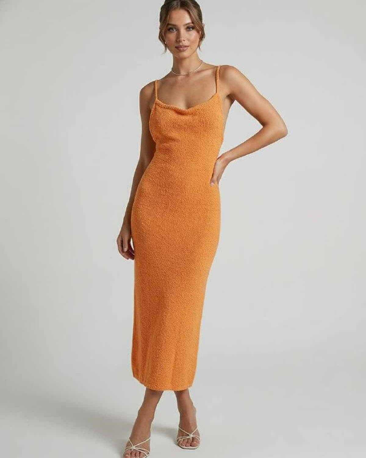 Orange Cotton Slip Round Neck Sleeveless Midi Dress | Formal Events, Celebrations, Day-to-Night & Casual Wear, front view | R | SKU: VMD-481726953-orange-L-8231,VMD-481726953-orange-M-4883,VMD-481726953-orange-S-8303,VMD-481726953-orange-XL-7945,VMD-481726953-orange-XS-8661