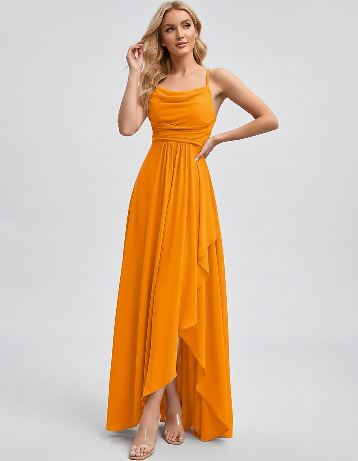 Chiffon Sleeveless Cowl Neck A-Line Maxi Dress for Party, Cocktail, Evening, Wedding Guest, Bridesmaid & Summer Events, front | SKU: SM-482716395814207-ORANGE-L,SM-482716395814207-ORANGE-M,SM-482716395814207-ORANGE-S,SM-482716395814207-ORANGE-XL,SM-482716395814207-ORANGE-XS