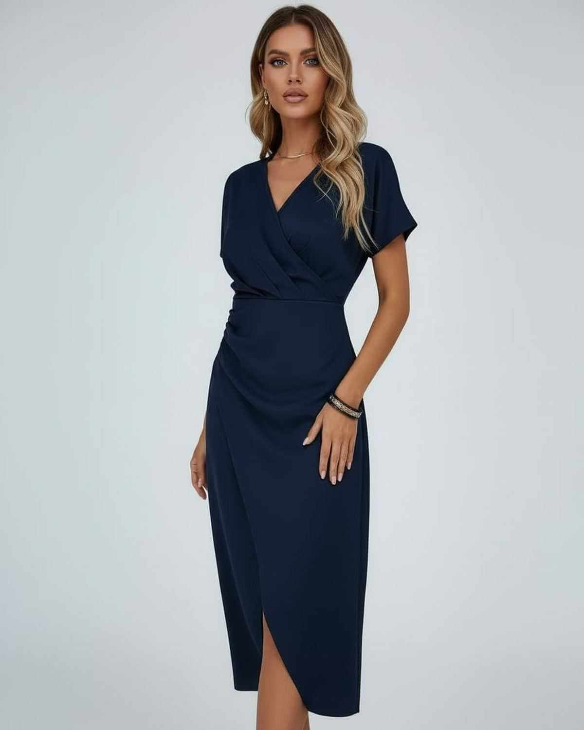 Navy Satin Wrap V-Neck Short Sleeve Midi Dress | Gala Nights, Night Out & Wedding Guest, front view | Ramblion | SKU: NMD-138495720-navy-L-7935,NMD-138495720-navy-M-9027,NMD-138495720-navy-S-2596,NMD-138495720-navy-XL-9857,NMD-138495720-navy-XS-2309