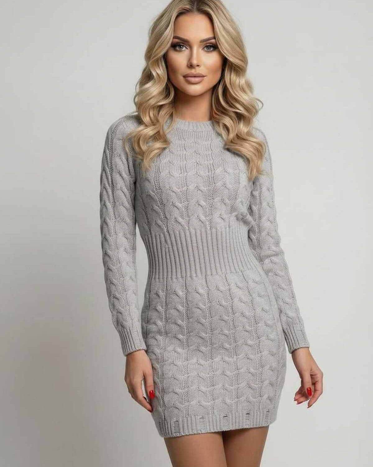 Scuba Mini Dress by RAMBLION, grey textured cable knit, chic sheath silhouette, perfect for autumn and spring.