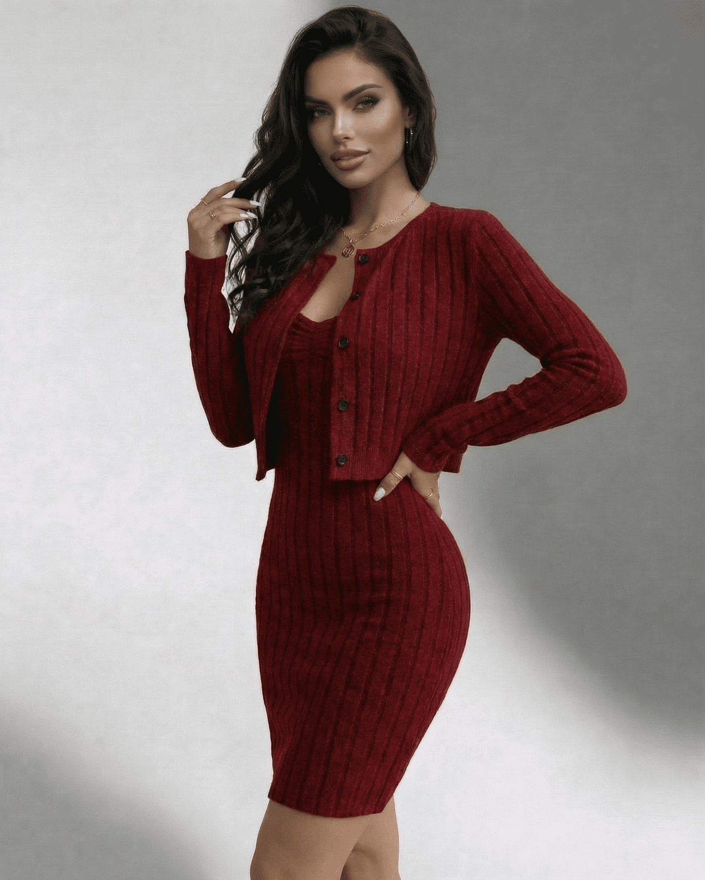 Burgundy Wool Round Neck Long Sleeve Set, front view | Ramblion | SKU: BS-73942-burgundy-L-9219,BS-73942-burgundy-M-787,BS-73942-burgundy-S-2230,BS-73942-burgundy-XL-5975,BS-73942-burgundy-XS-6792