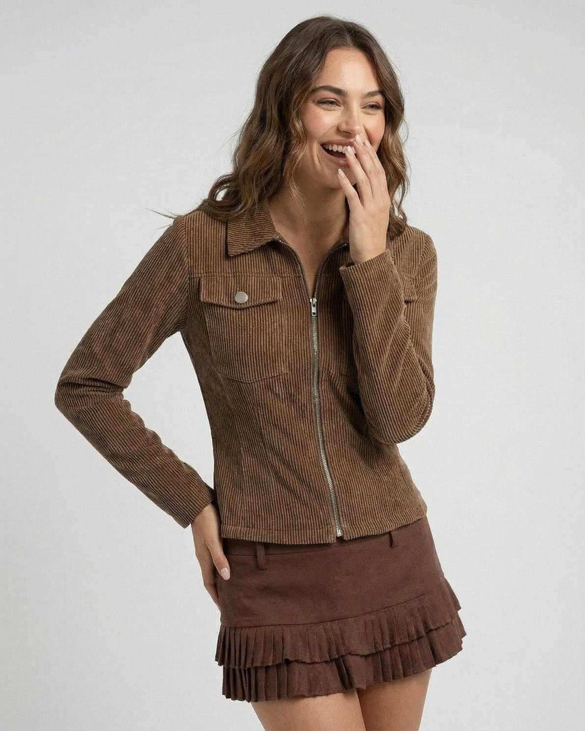 Taya Jacket by RAMBLION, brown corduroy, structured silhouette, stylish for any occasion