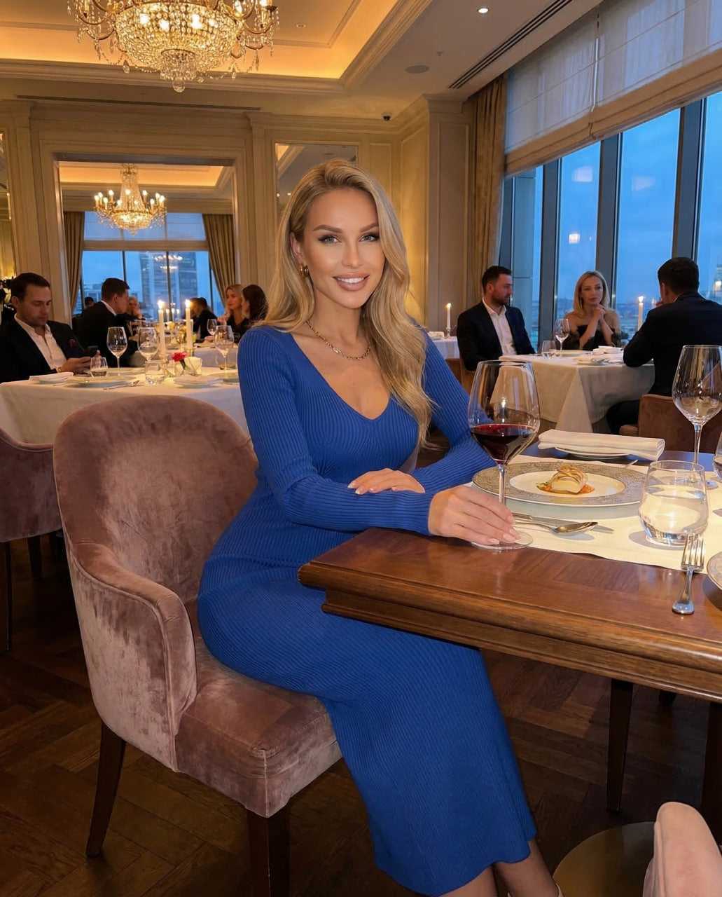 Tera Midi Dress in blue, ribbed texture, elegant and comfortable for dining occasions by RAMBLION.