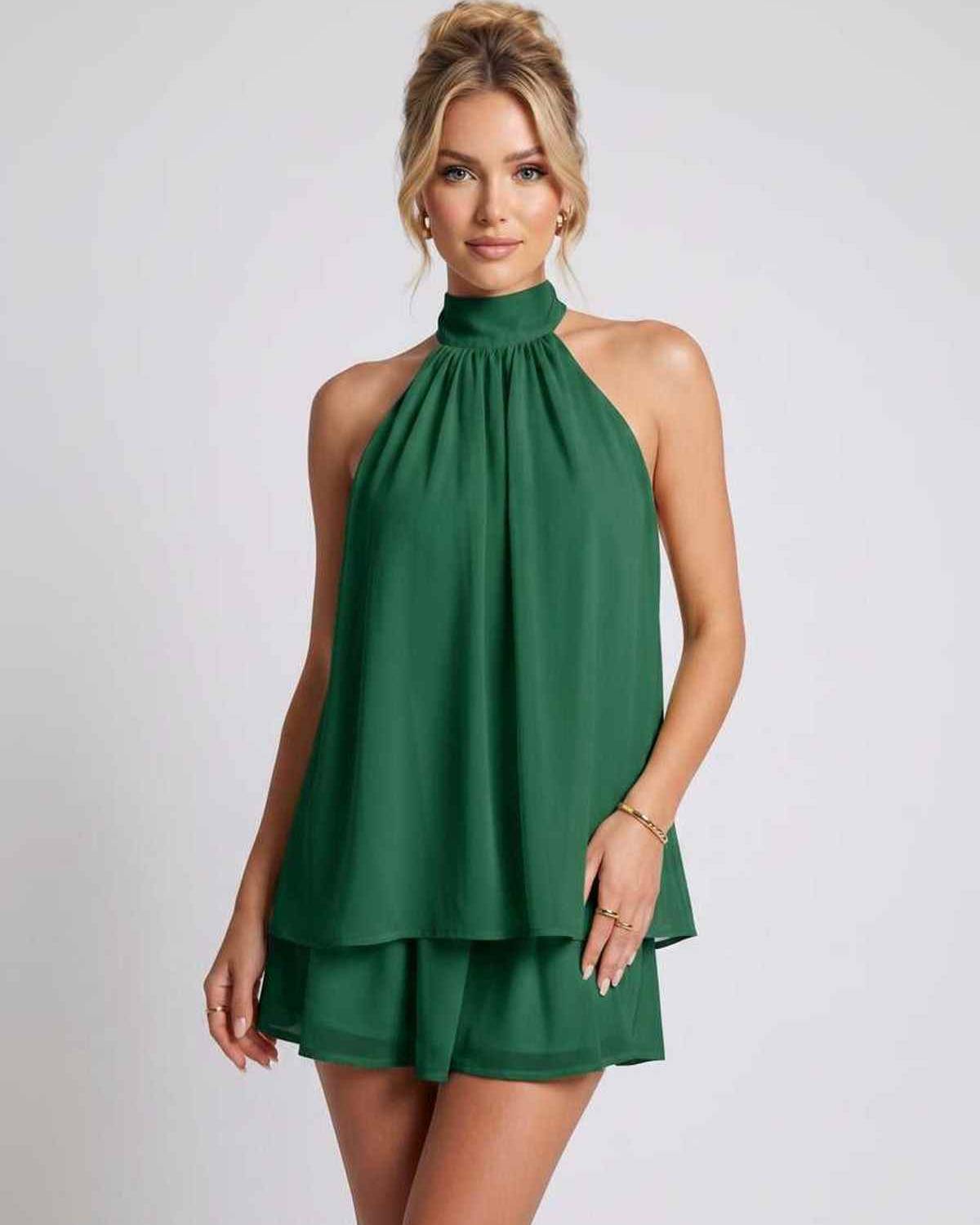 Yellow,light Blue,beige,red,brown,black,white,green Chiffon A-line Halter Sleeveless Mini Dress | Prom & Cocktail Hour, front | SKU: RB-9514F9-GREEN-L,RB-9514F9-GREEN-M,RB-9514F9-GREEN-S,RB-9514F9-GREEN-XL,RB-9514F9-GREEN-XS