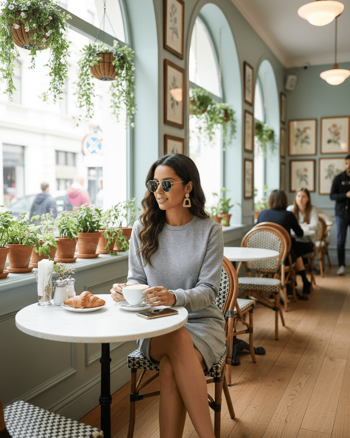 A woman enjoying coffee in a cozy café wearing the Tuma Mini Dress, showcasing effortless style with a relaxed fit.