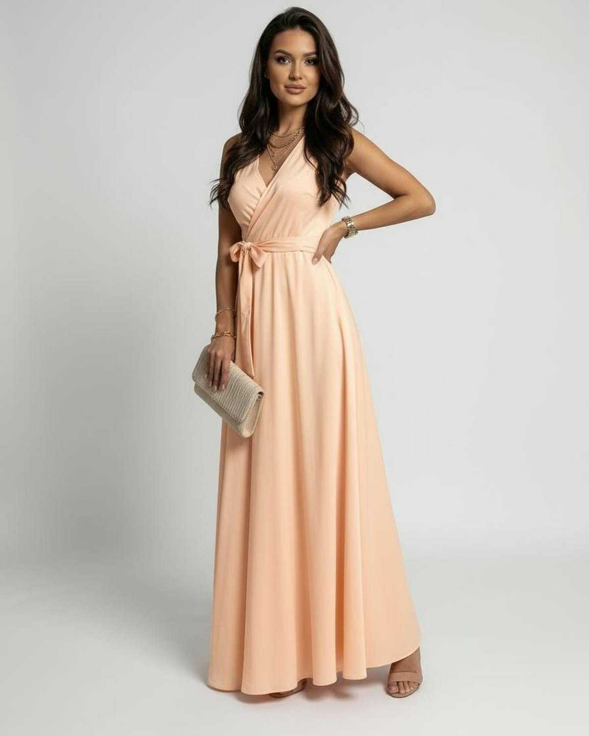 Peach Satin Wrap V-Neck Sleeveless Maxi Dress | Guest of Wedding, front view | Ramblion | SKU: SMD-728495103-peach-L-7742,SMD-728495103-peach-M-9899,SMD-728495103-peach-S-5183,SMD-728495103-peach-XL-3788,SMD-728495103-peach-XS-3423