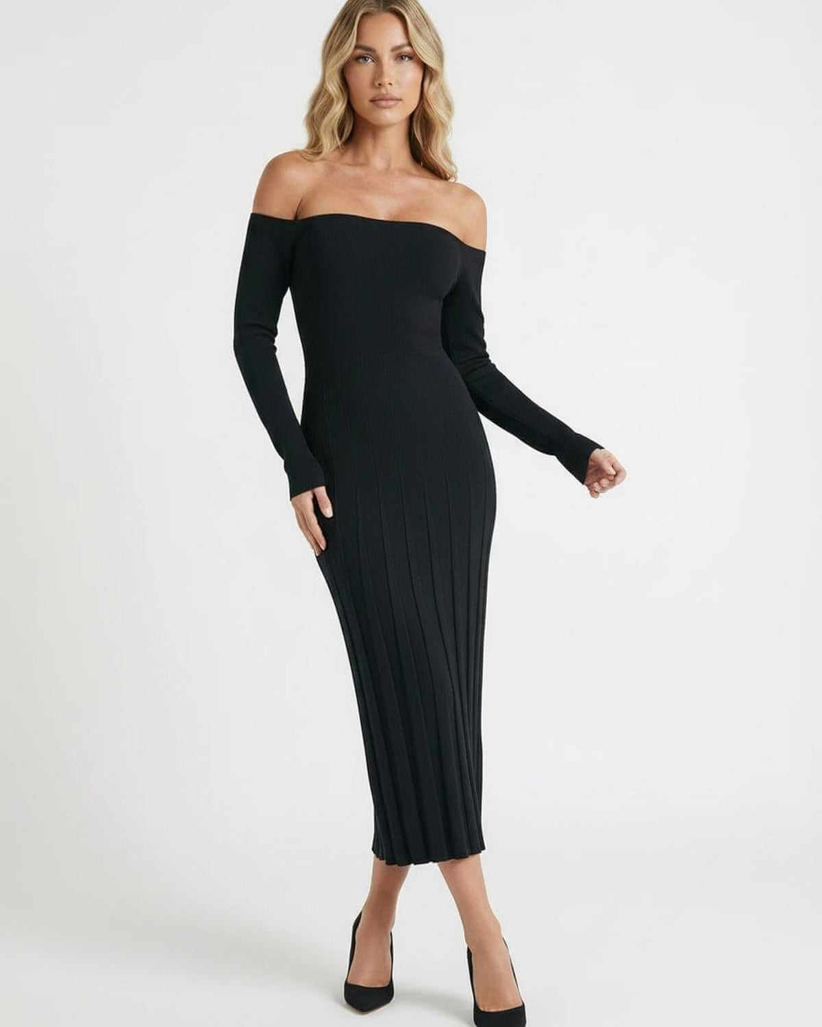 Black Bodycon Boat Neck Long Sleeve Midi Dress | Black-Tie Events & Cocktail Hour, front view | Ramblion | SKU: CMD-738291045-black-L-6691,CMD-738291045-black-M-1988,CMD-738291045-black-S-7276,CMD-738291045-black-XL-7357,CMD-738291045-black-XS-9849