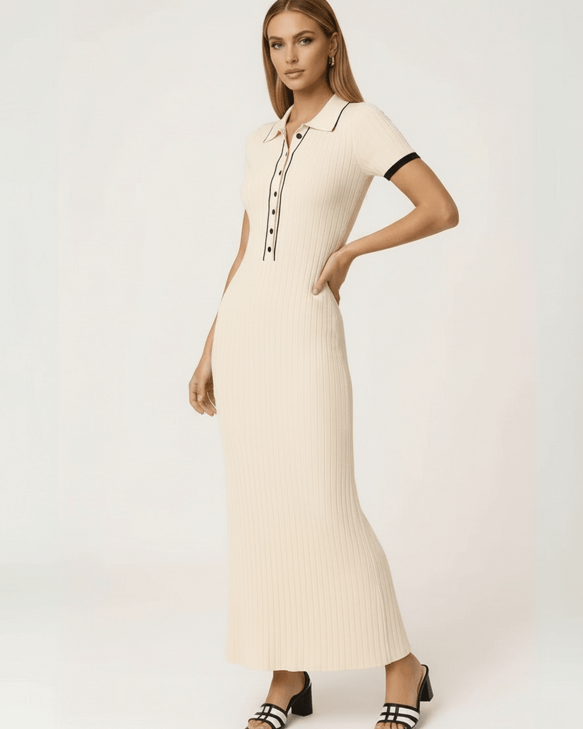 Beige Satin Bodycon Round Neck Short Sleeve Maxi Dress | Prom, Evening Parties & Casual Outings, front view | Ramblion | SKU: SMD-572904381-beige-L-3036,SMD-572904381-beige-M-5738,SMD-572904381-beige-S-3499,SMD-572904381-beige-XL-199,SMD-572904381-beige-XS-6339