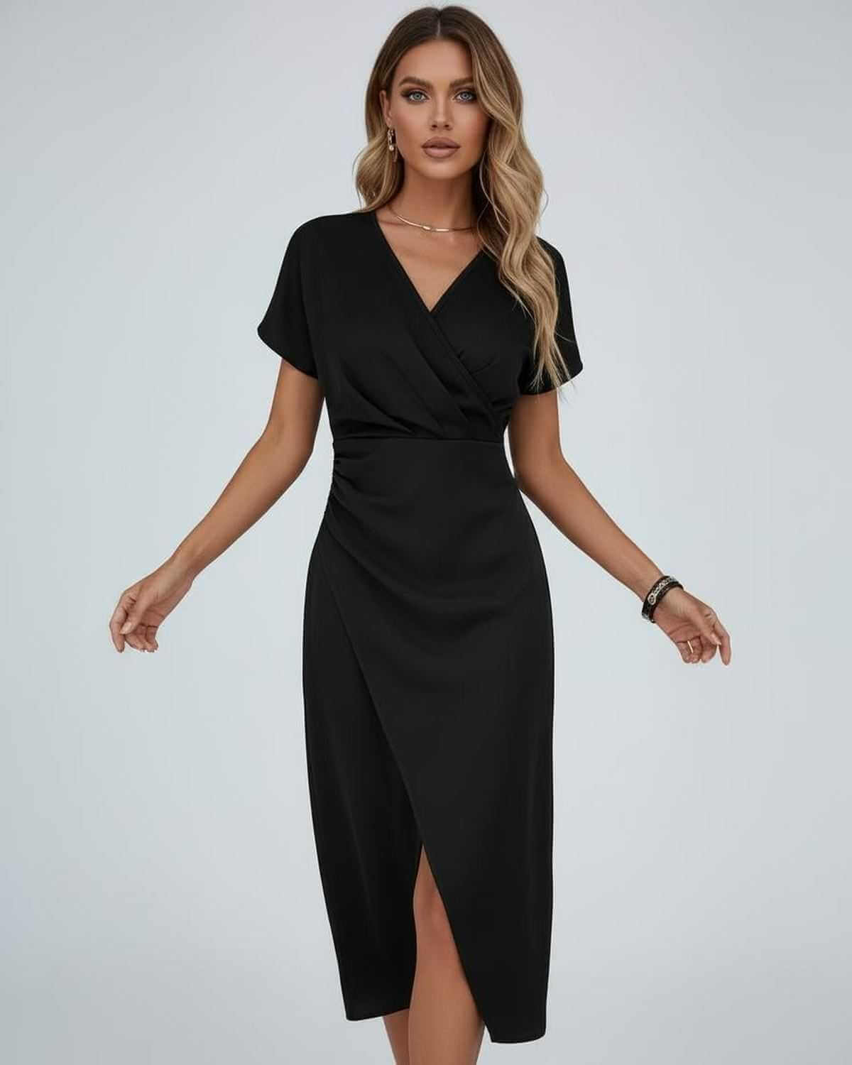 Black Satin Wrap V-Neck Short Sleeve Midi Dress | Formal Occasions, Night Out & Weddings, front view | Ramblion | SKU: EMD-482905173-black-L-7059,EMD-482905173-black-M-5398,EMD-482905173-black-S-5562,EMD-482905173-black-XL-1298,EMD-482905173-black-XS-7314