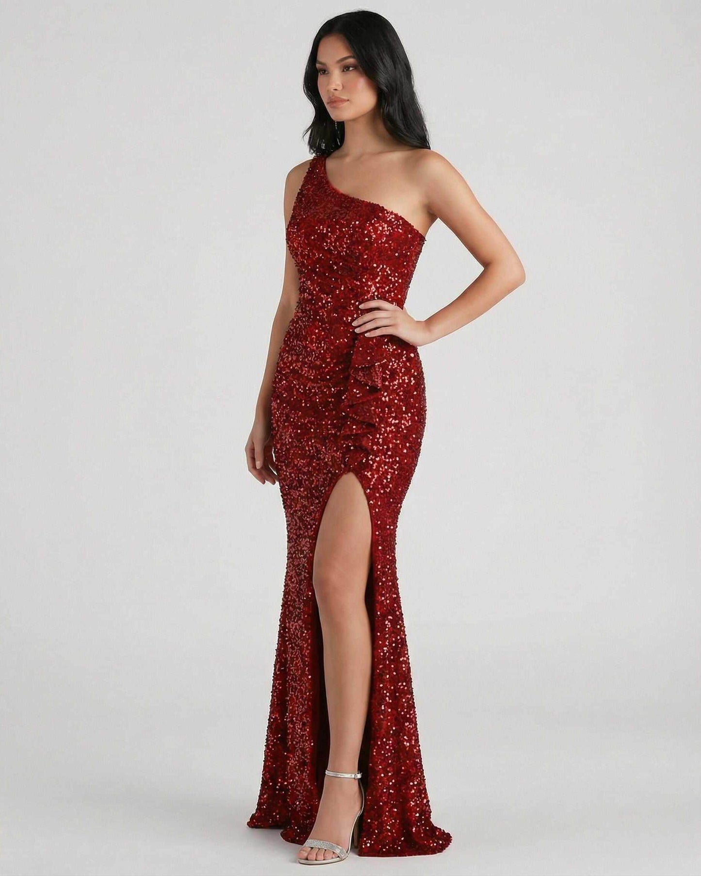 Red Satin Gown Asymmetric Sleeveless Maxi Dress | Prom & Day-to-Night, front view | Ramblion | SKU: CMD-27485-red-L-1974,CMD-27485-red-M-6388,CMD-27485-red-S-6938,CMD-27485-red-XL-7439,CMD-27485-red-XS-5760