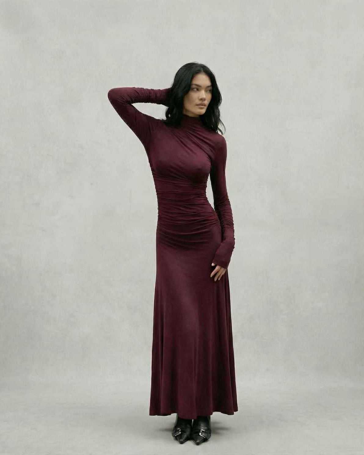 Vafy Maxi Dress in rich burgundy, featuring long sleeves and a form-flattering silhouette by RAMBLION, perfect for elegant occasions.