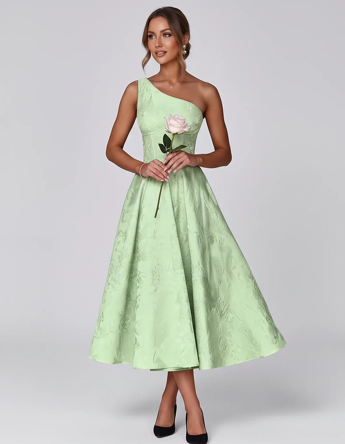 Jacquard Sleeveless One Shoulder A-Line Midi Dress for Party, Cocktail, Evening, Wedding Guest, Summer Formal Events and Cele | SKU: VD-847392615028471-MINT-L,VD-847392615028471-MINT-M,VD-847392615028471-MINT-S,VD-847392615028471-MINT-XL,VD-847392615028471-MINT-XS