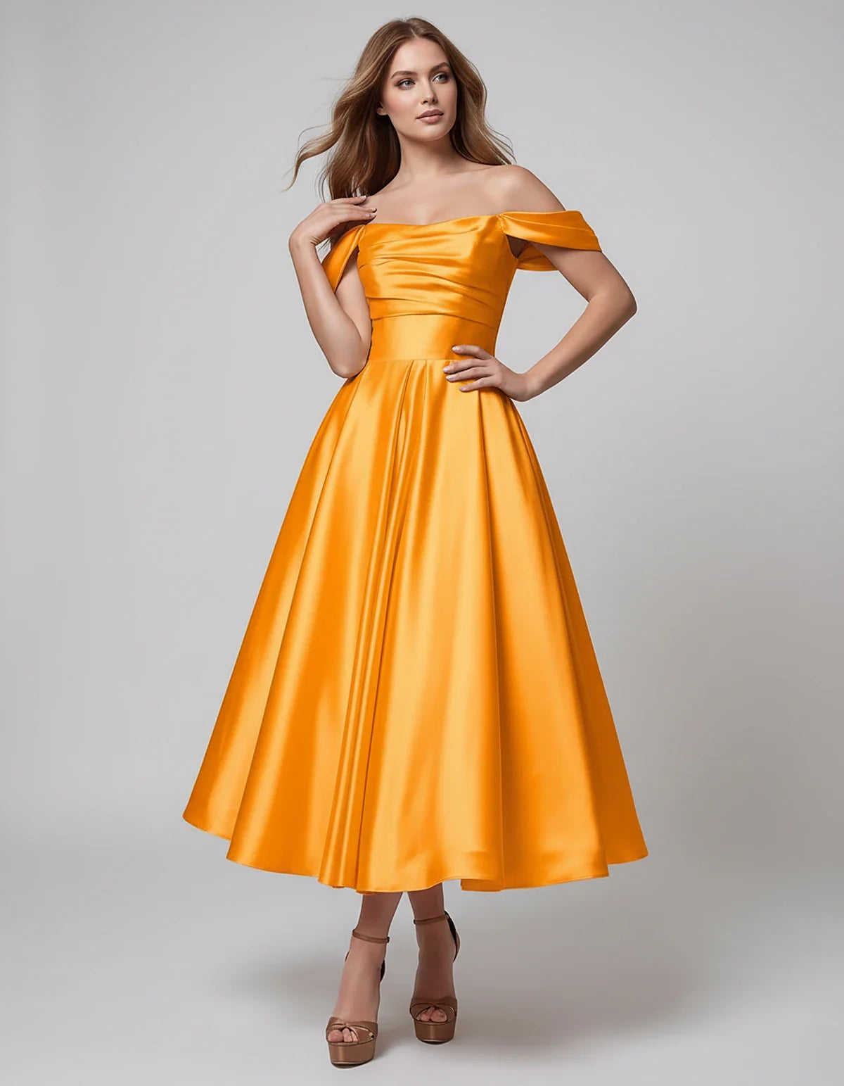 Satin Off Shoulder A-Line Midi Dress with Short Sleeves for Party, Cocktail, Evening, Wedding Guest, Summer Events and Formal | SKU: VM-582947163829405-ORANGE-L,VM-582947163829405-ORANGE-M,VM-582947163829405-ORANGE-S,VM-582947163829405-ORANGE-XL,VM-582947163829405-ORANGE-XS