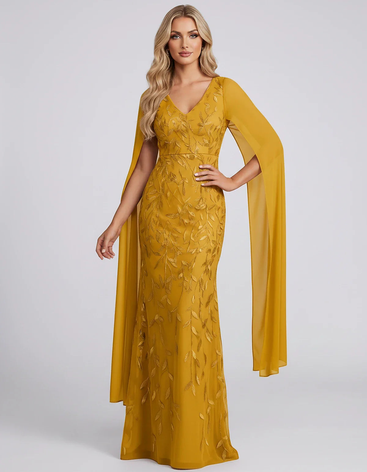 Tulle Flutter Sleeve V-Neck Fitted Maxi Dress with Sequin Lace Appliqués for Party, Cocktail, Evening, Wedding Guest & Summer | SKU: VMD-582741963851724-YELLOW-L,VMD-582741963851724-YELLOW-M,VMD-582741963851724-YELLOW-S,VMD-582741963851724-YELLOW-XL,VMD-582741963851724-YELLOW-XS