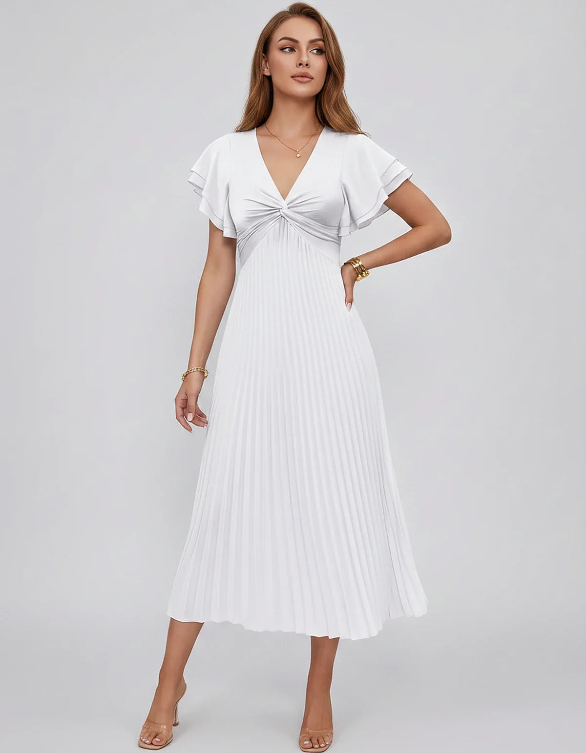 Chiffon Blend Flutter Sleeve V-Neck A-Line Midi Dress for Party, Cocktail, Evening Events, Wedding Guest & Summer Occasions, | SKU: VMD-583920174615382-WHITE-L,VMD-583920174615382-WHITE-M,VMD-583920174615382-WHITE-S,VMD-583920174615382-WHITE-XL,VMD-583920174615382-WHITE-XS