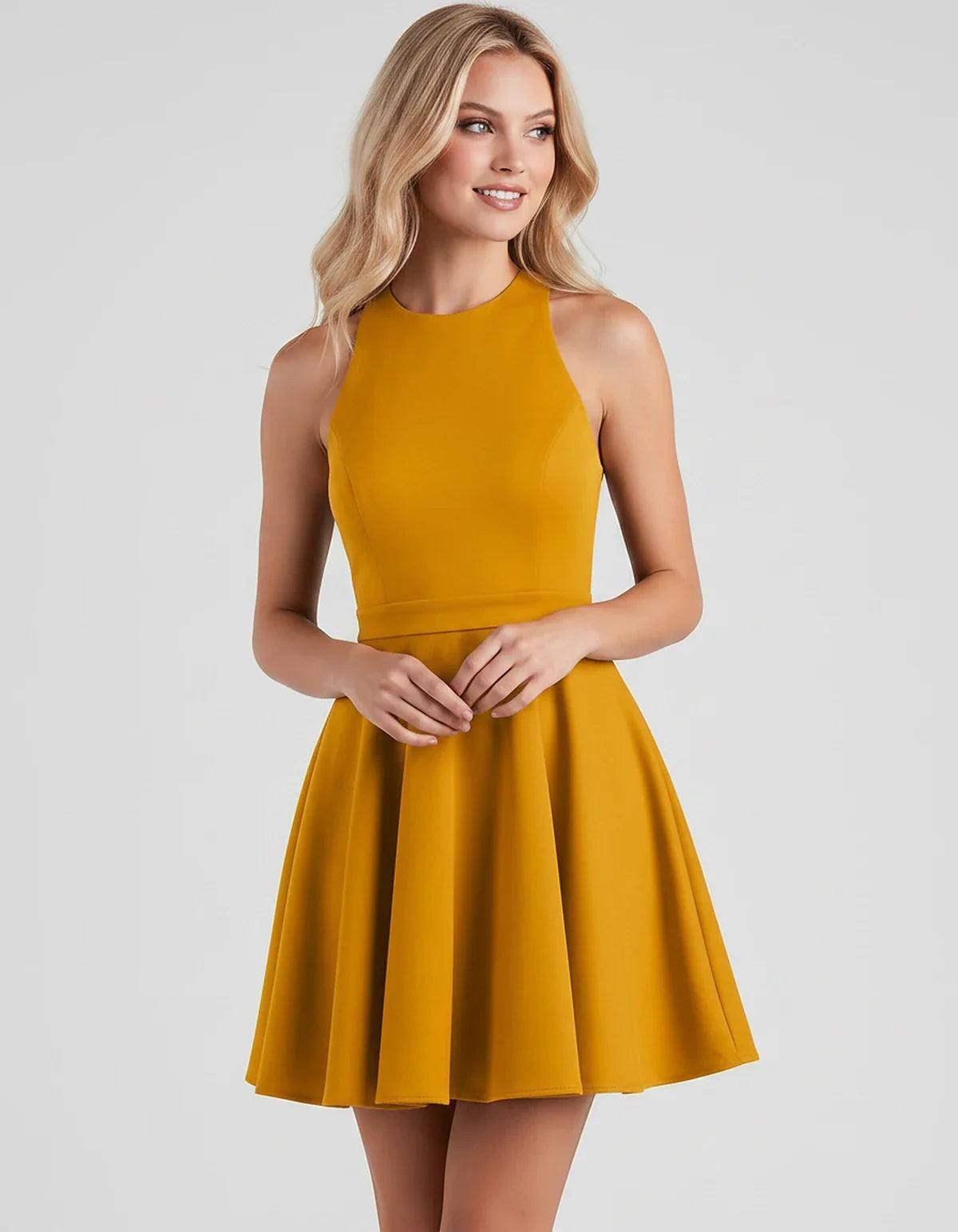 Satin Sleeveless High Neck Fit and Flare Mini Dress with Open Back Bow for Homecoming, Party, Cocktail, Graduation & Wedding | SKU: VMD-583920174615284-YELLOW-L,VMD-583920174615284-YELLOW-M,VMD-583920174615284-YELLOW-S,VMD-583920174615284-YELLOW-XL,VMD-583920174615284-YELLOW-XS