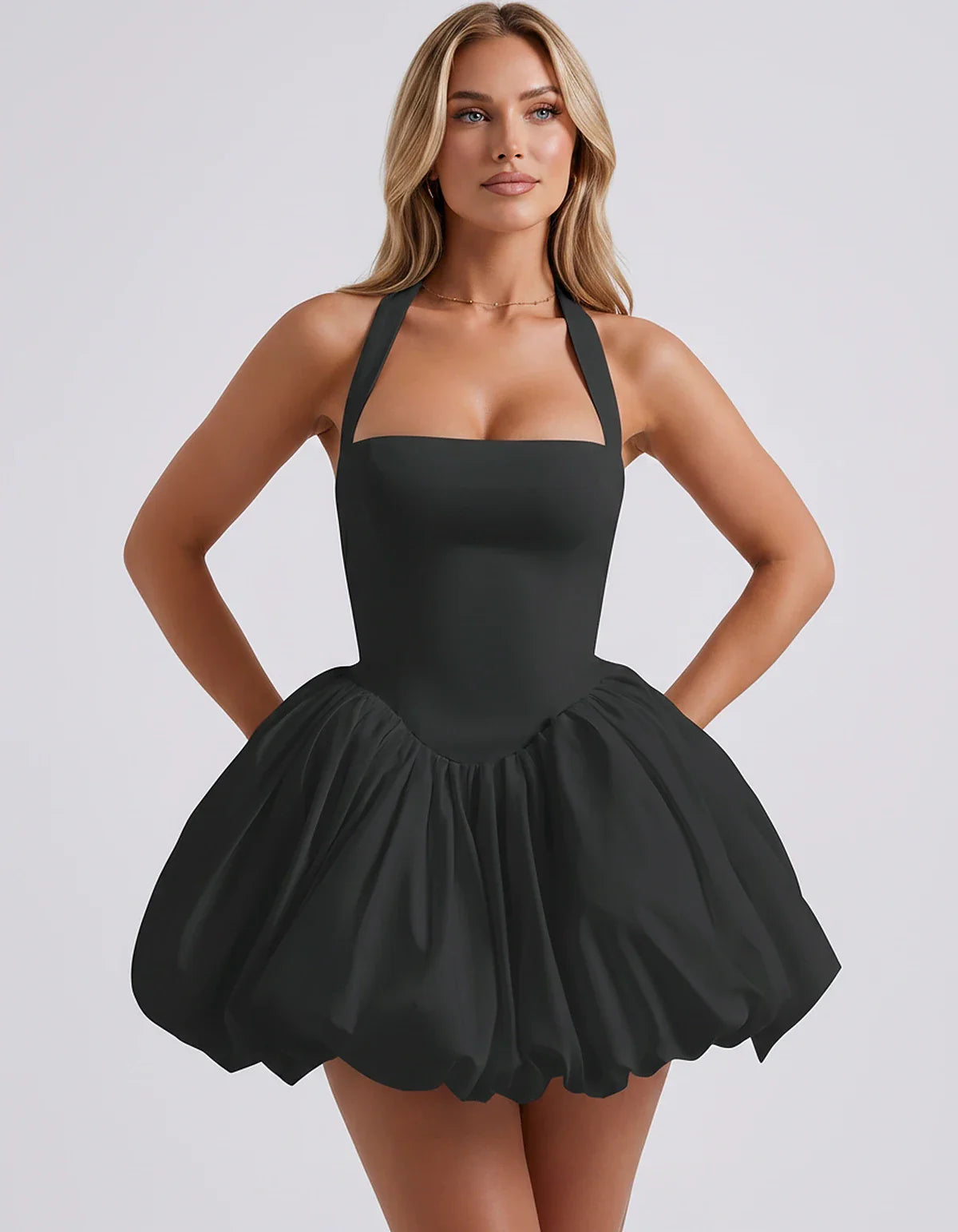 Satin Halter Square Neck Corset Bubble Hem Mini Dress for Party, Cocktail, Evening, Homecoming, Summer & Wedding Guest Events | SKU: VMD-583920174615382-BLACK-L,VMD-583920174615382-BLACK-M,VMD-583920174615382-BLACK-S,VMD-583920174615382-BLACK-XL,VMD-583920174615382-BLACK-XS